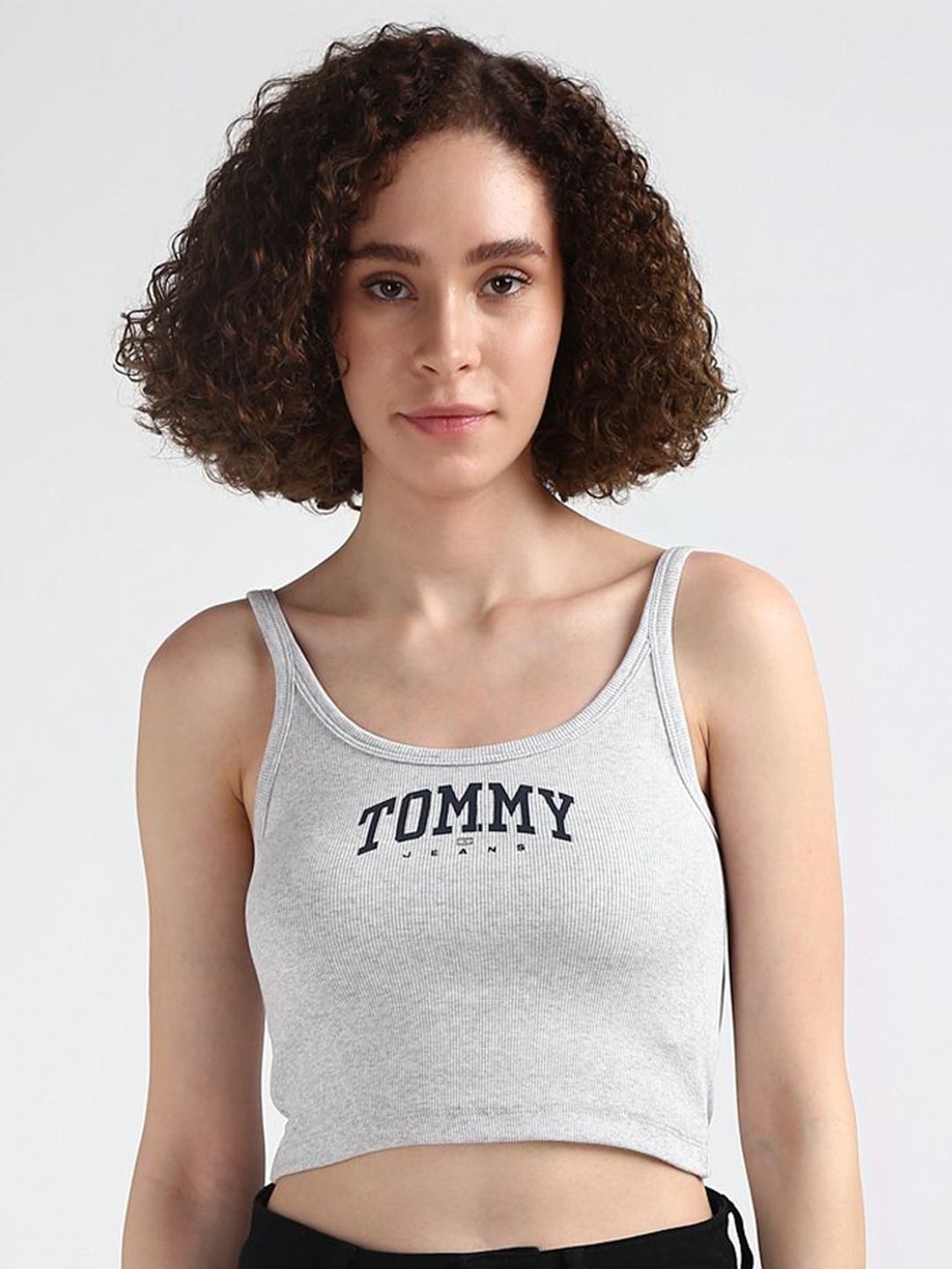 

Tommy Hilfiger Typography Printed Shoulder Straps Cotton Crop Top, Grey
