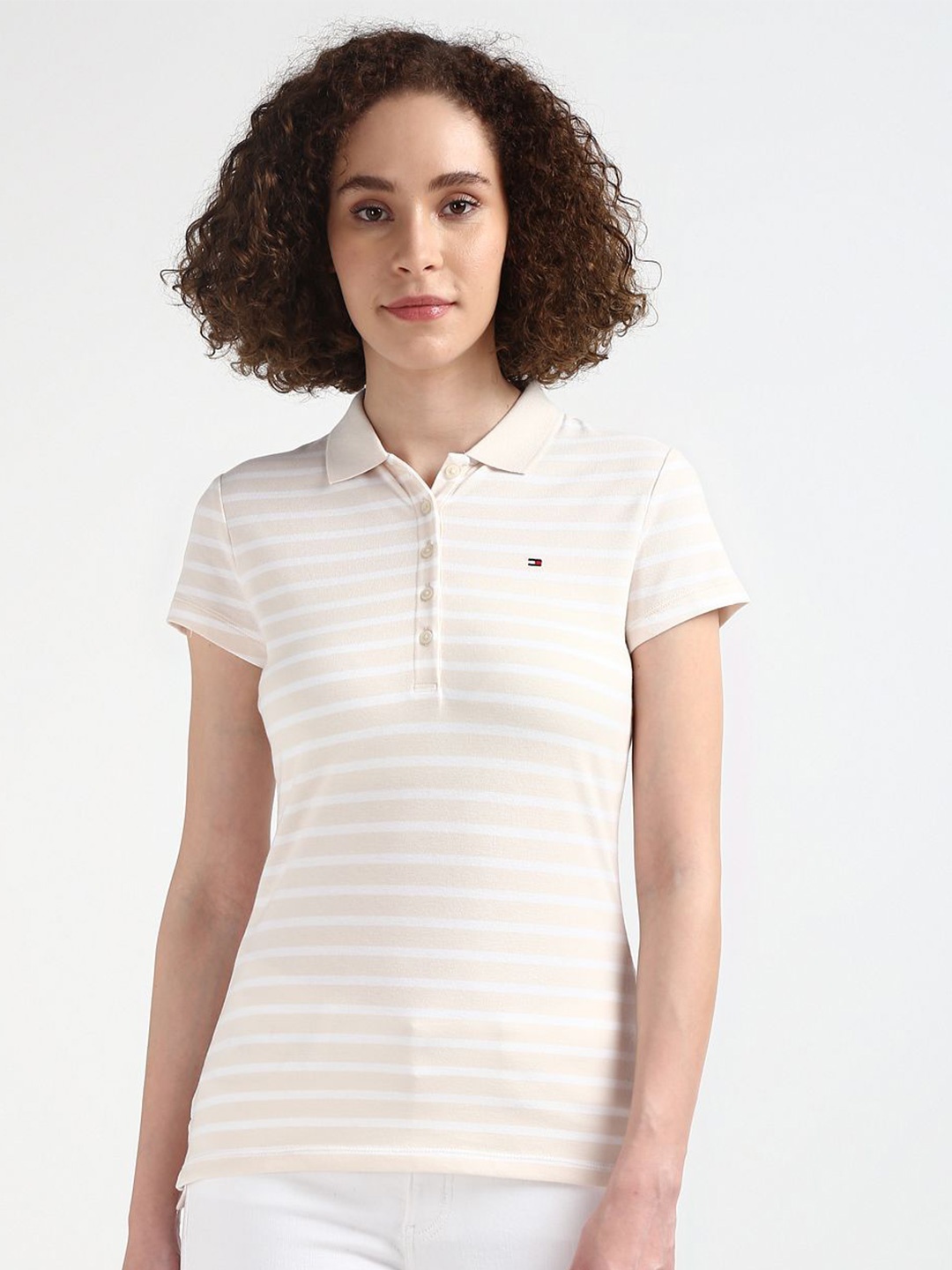 

Tommy Hilfiger Striped Polo Collar Short Sleeves Cotton Slim Fit T-shirt, Beige