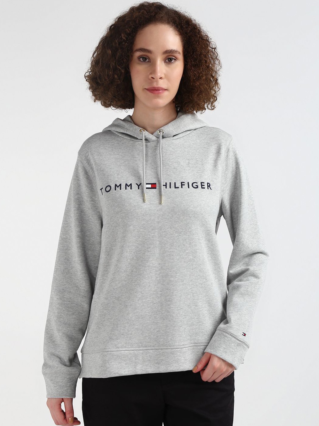 

Tommy Hilfiger Brand Logo Embroidered Pure Cotton Hooded Pullover Sweatshirt, Grey