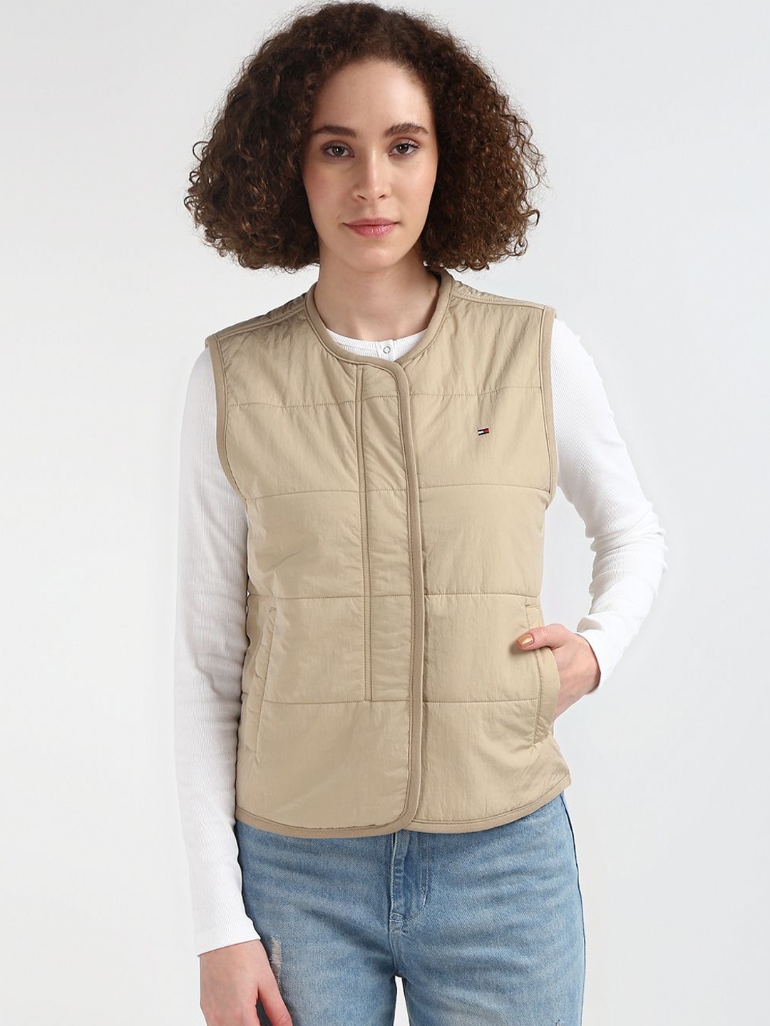 

Tommy Hilfiger Checked Collarless Padded Jacket, Beige