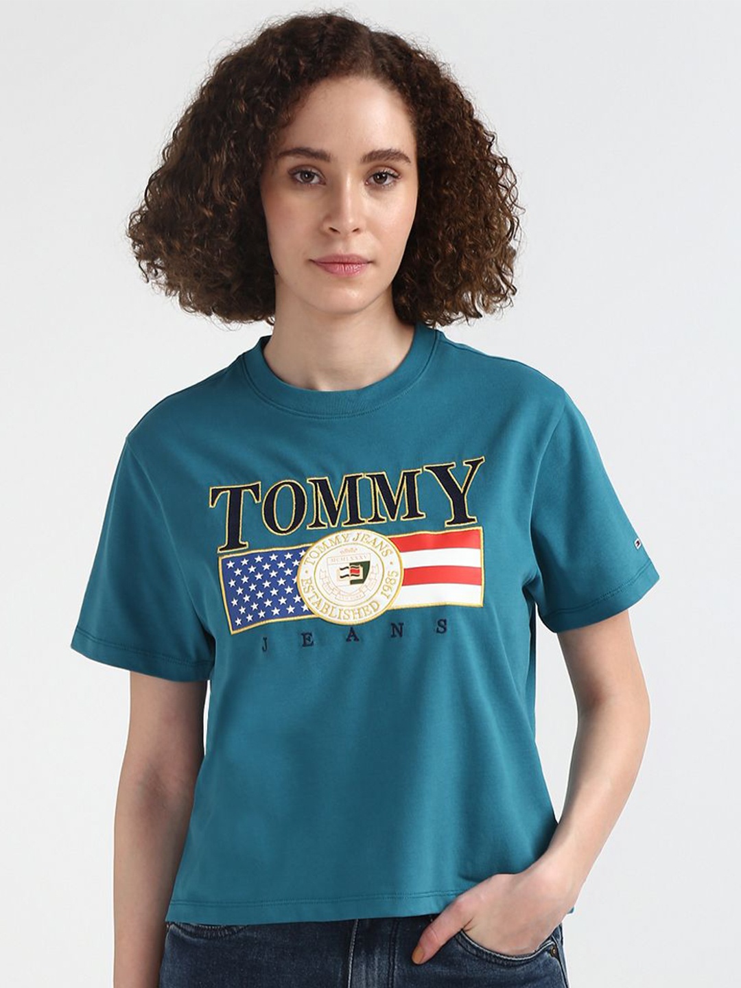 

Tommy Hilfiger Round Neck Printed Short Sleeves Cotton T-shirt, Teal