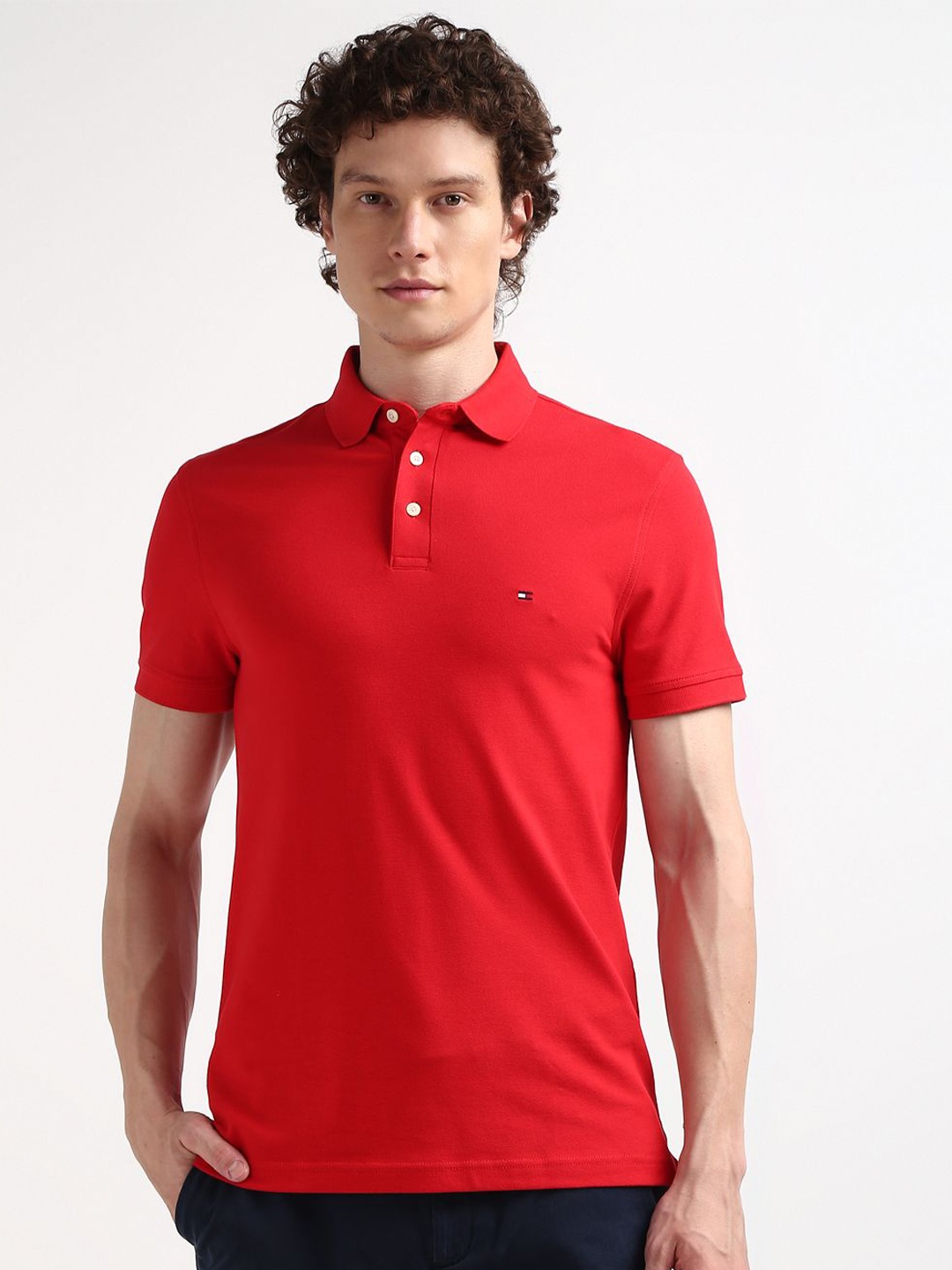 

Tommy Hilfiger Slim Fit Polo Collar Short Sleeves Pure Cotton T-shirt, Red