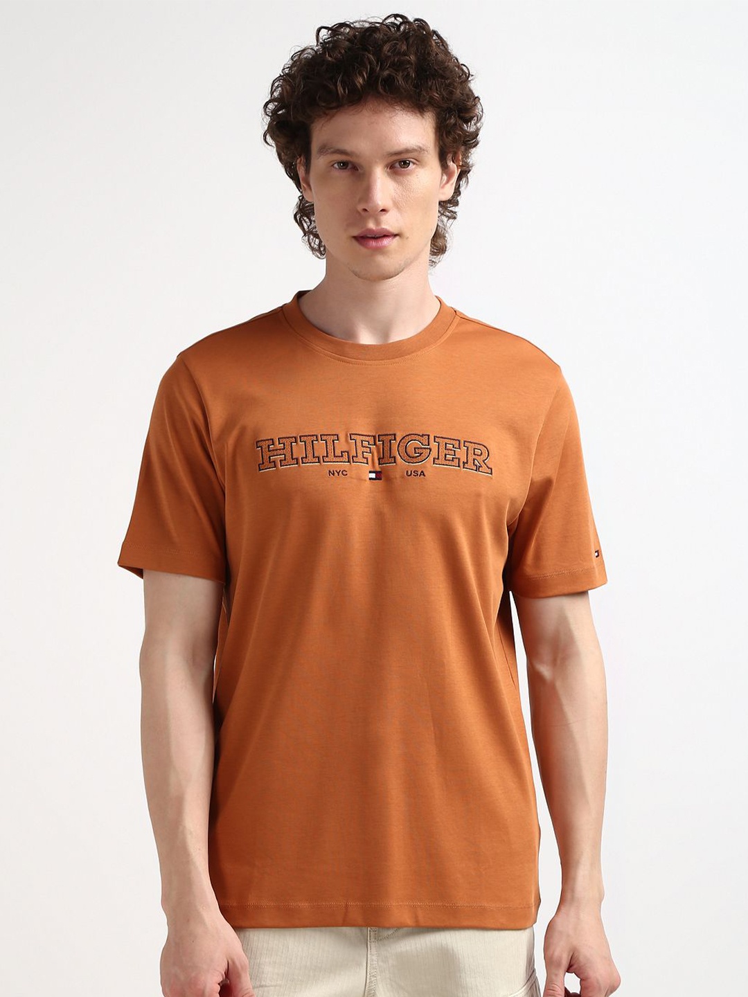 

Tommy Hilfiger Round Neck Short Sleeves Regular Fit Pure Cotton T-shirt, Brown