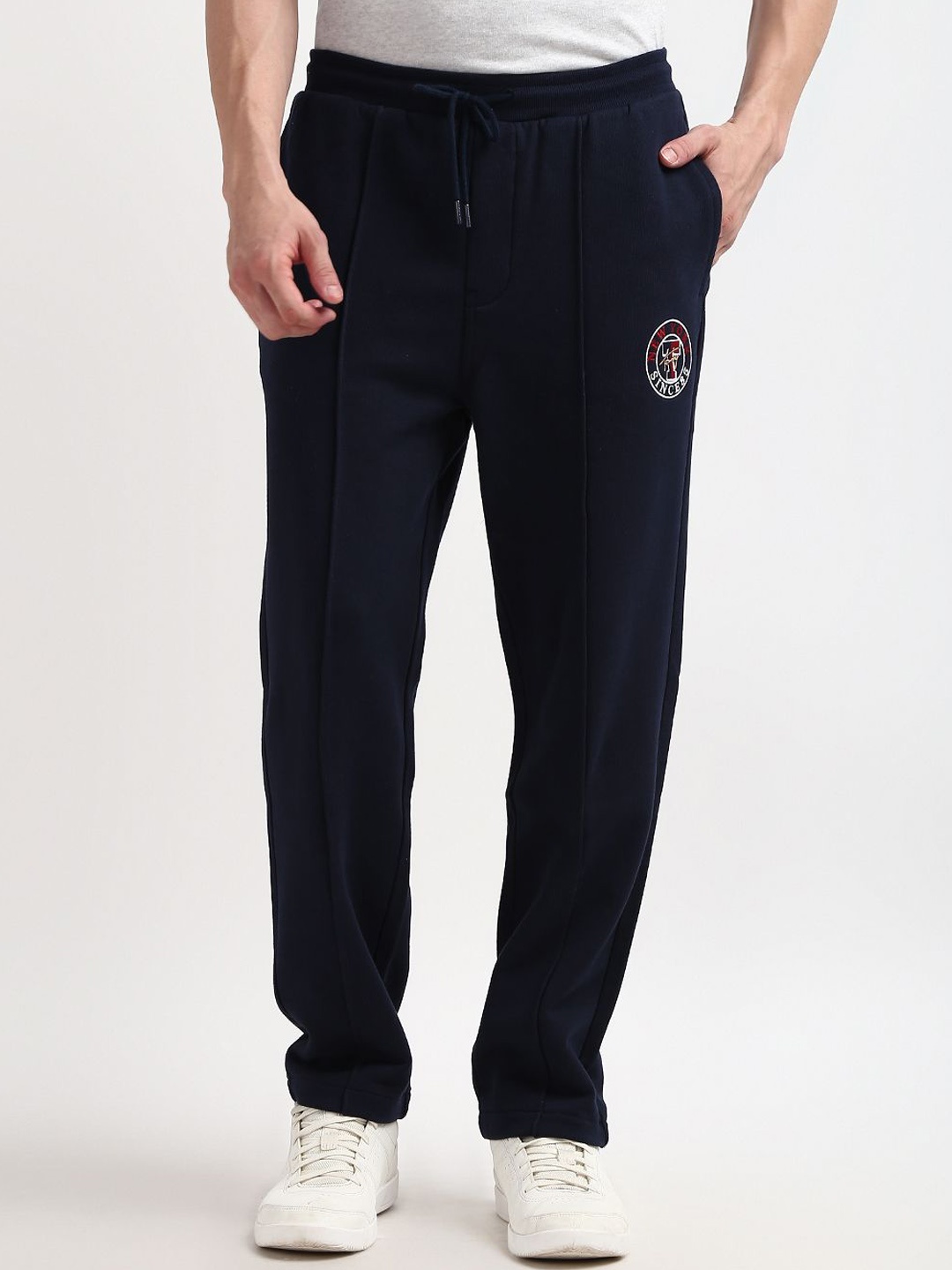 

Tommy Hilfiger Men Mid-Rise Pure Cotton Sports Track Pants, Navy blue