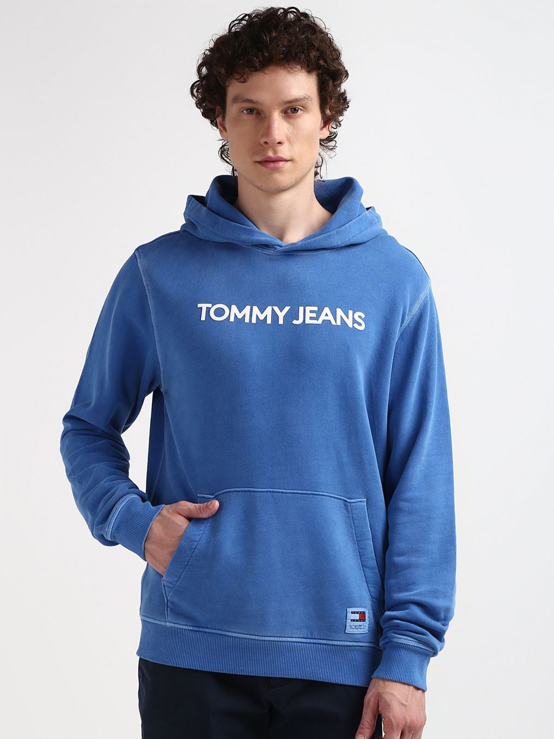 

Tommy Hilfiger Brand Logo Printed Pure Cotton Hooded Pullover Sweatshirt, Blue