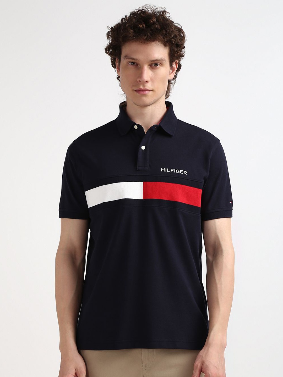 

Tommy Hilfiger Colourblocked Polo Collar Cotton T-shirt, Navy blue