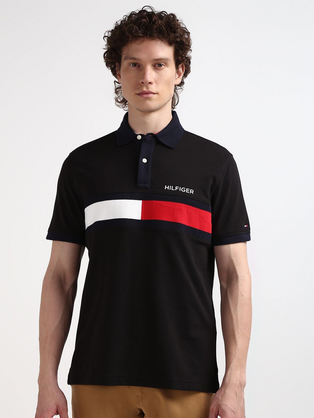 

Tommy Hilfiger Colourblocked Polo Collar Cotton T-shirt, Black