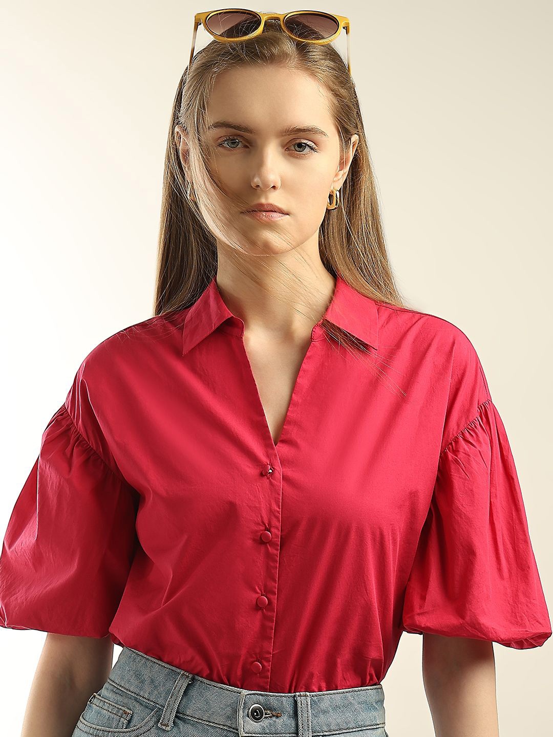 

Vero Moda Spread Collar Puff Sleeves Cotton Casual Shirt, Pink