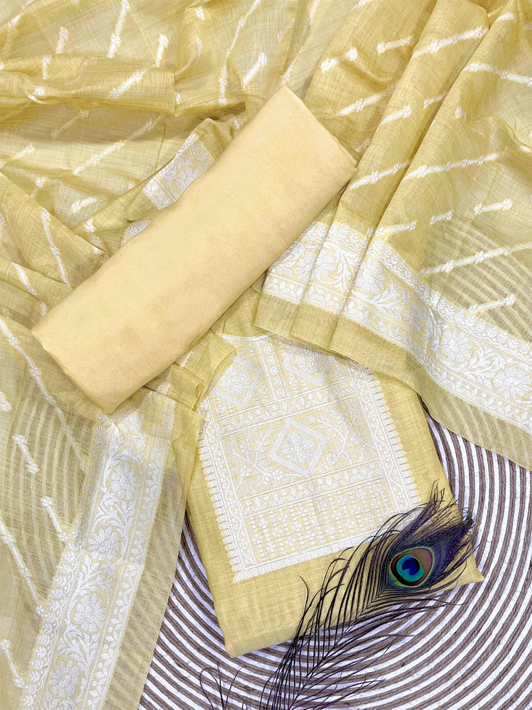 

ZARIMO Polka Dots Woven Design Pure Cotton Unstitched Dress Material, Yellow