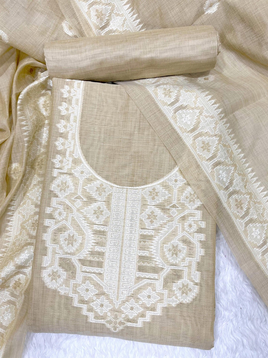 

ZARIMO Polka Dots Woven Design Pure Cotton Unstitched Dress Material, Cream
