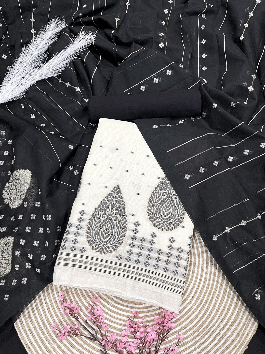 

ZARIMO Polka Dots Woven Design Bandhani Pure Cotton Unstitched Dress Material, Black