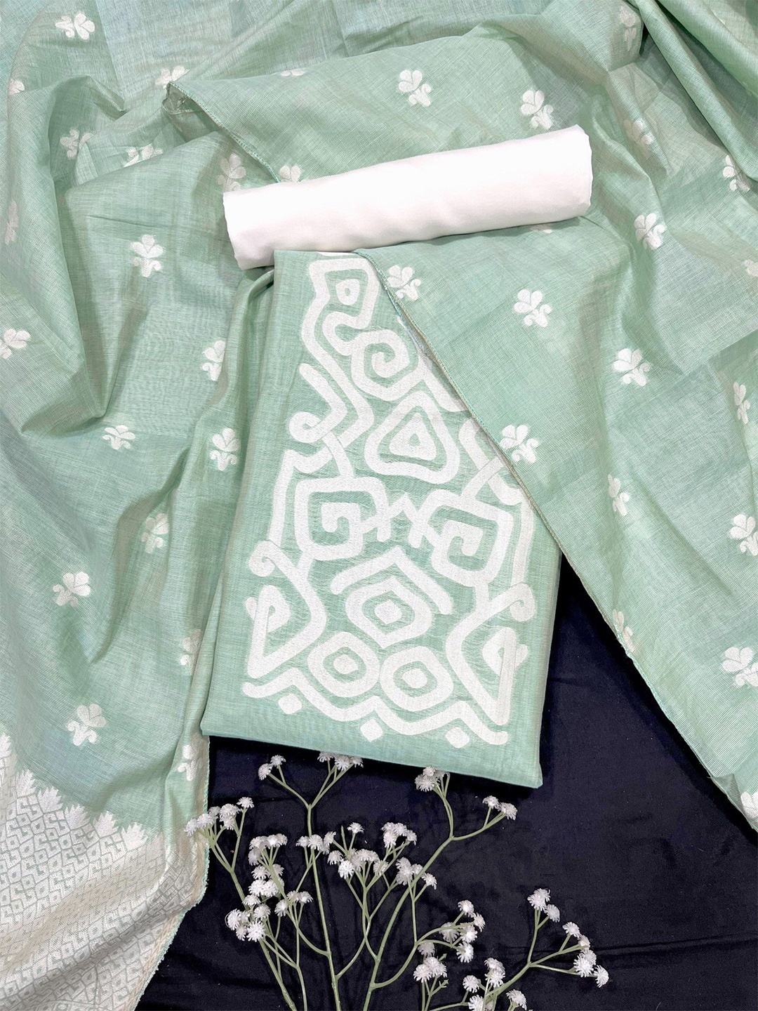 

ZARIMO Geometric Woven Design Pure Linen Unstitched Dress Material, Sea green