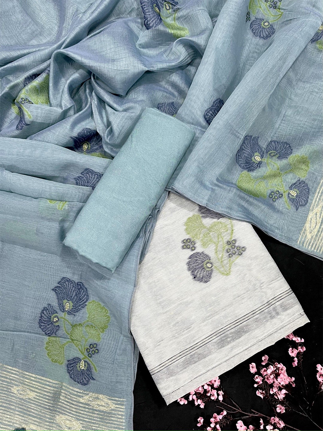 

ZARIMO Floral Woven Design Pure Linen Unstitched Dress Material, Sea green