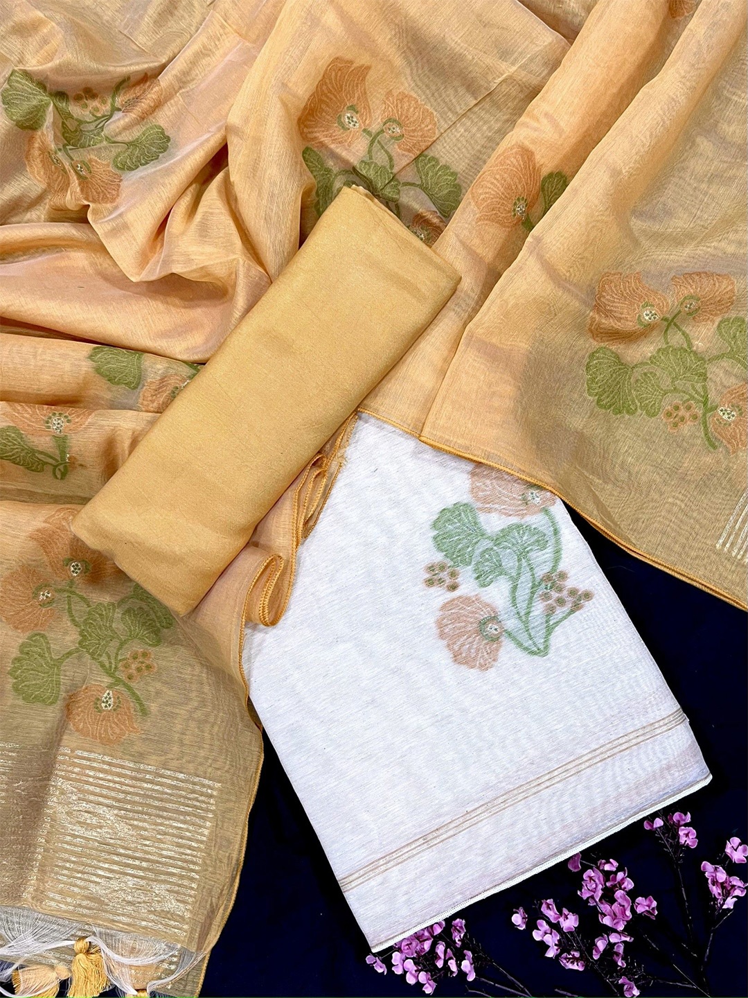 

ZARIMO Floral Woven Design Pure Linen Unstitched Dress Material, Yellow