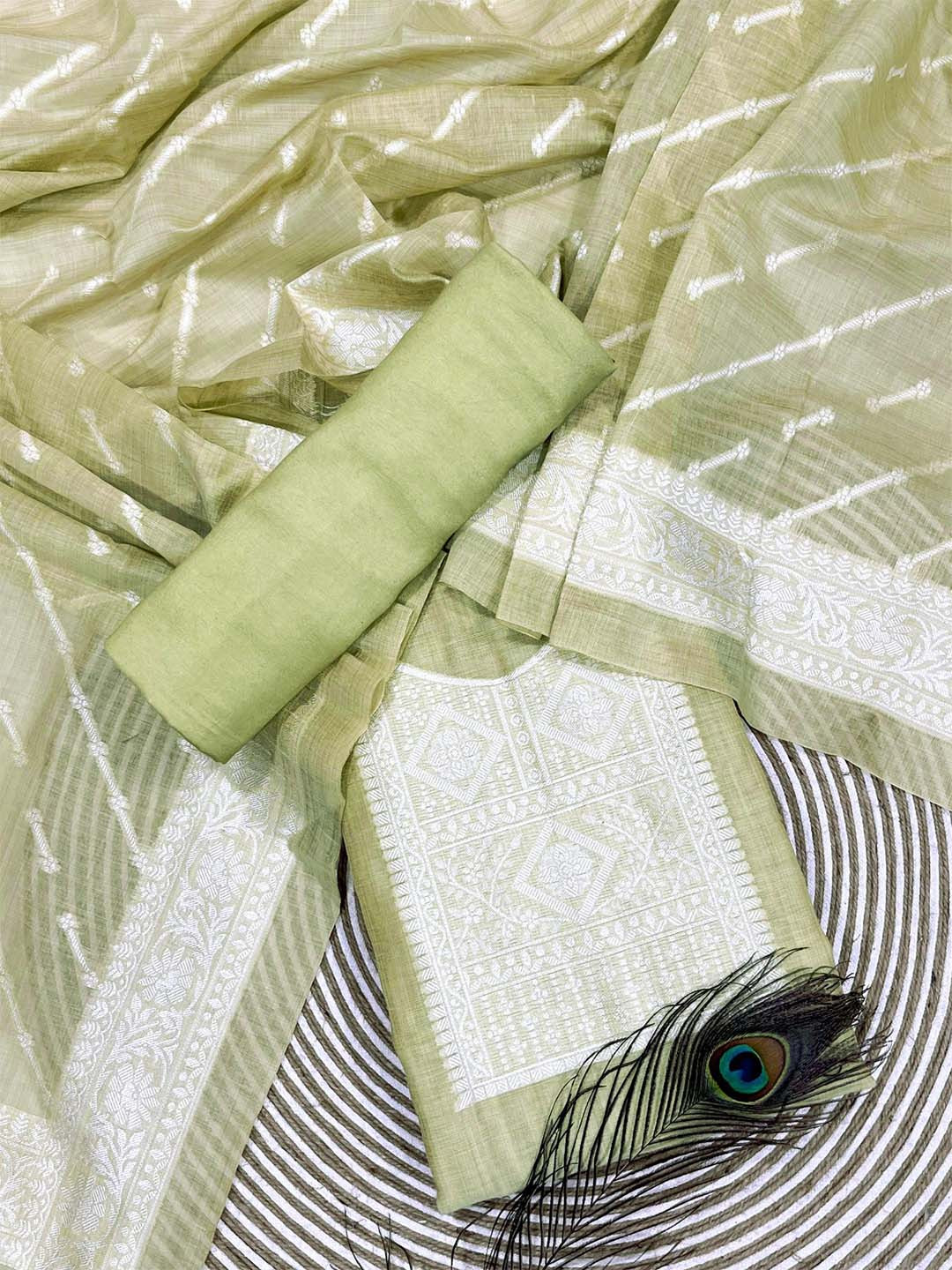 

ZARIMO Geometric Woven Design Zari Pure Cotton Unstitched Dress Material, Lime green