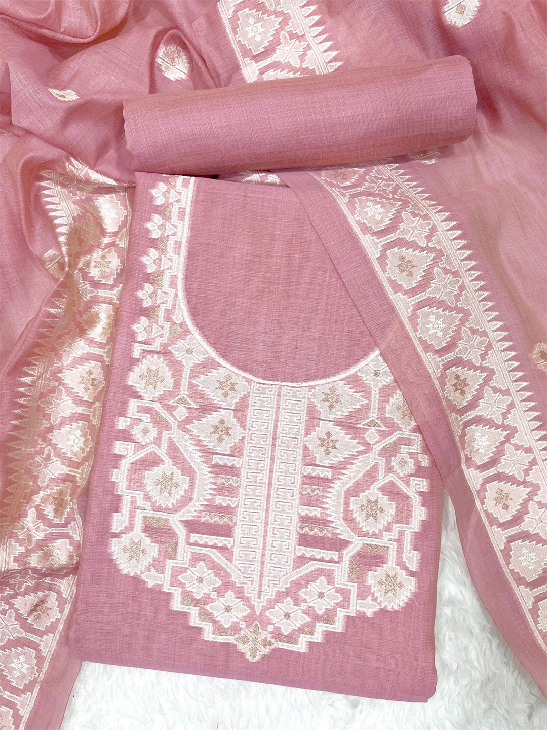

ZARIMO Ethnic Motifs Woven Design Pure Cotton Unstitched Dress Material, Pink
