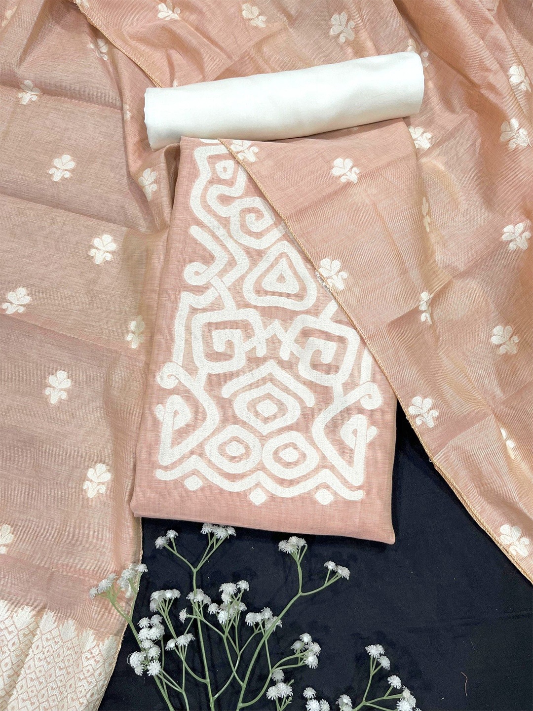 

ZARIMO Geometric Woven Design Pure Linen Unstitched Dress Material, Peach