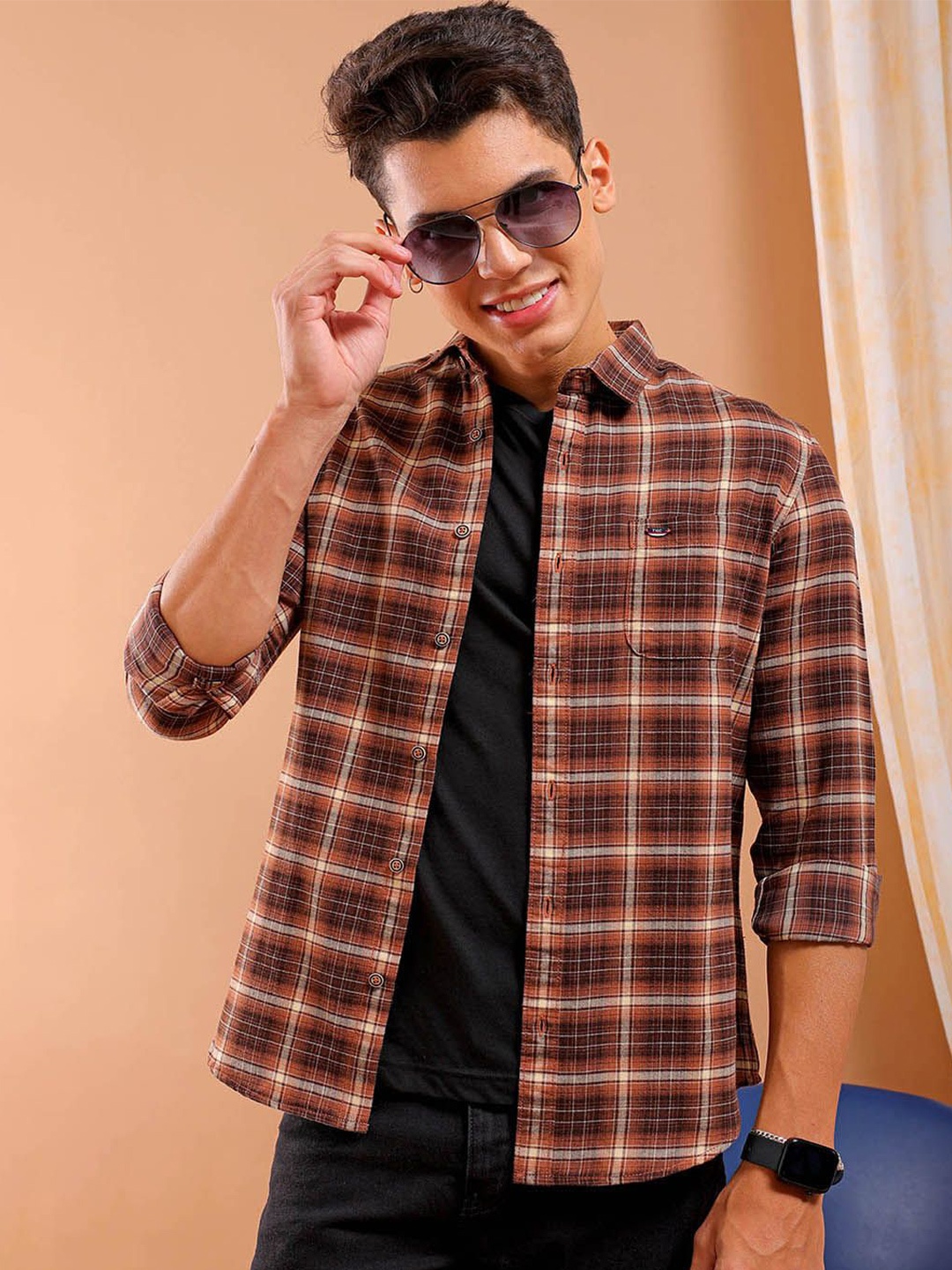 

The Indian Garage Co Slim Fit Opaque Checked Cotton Casual Shirt, Brown