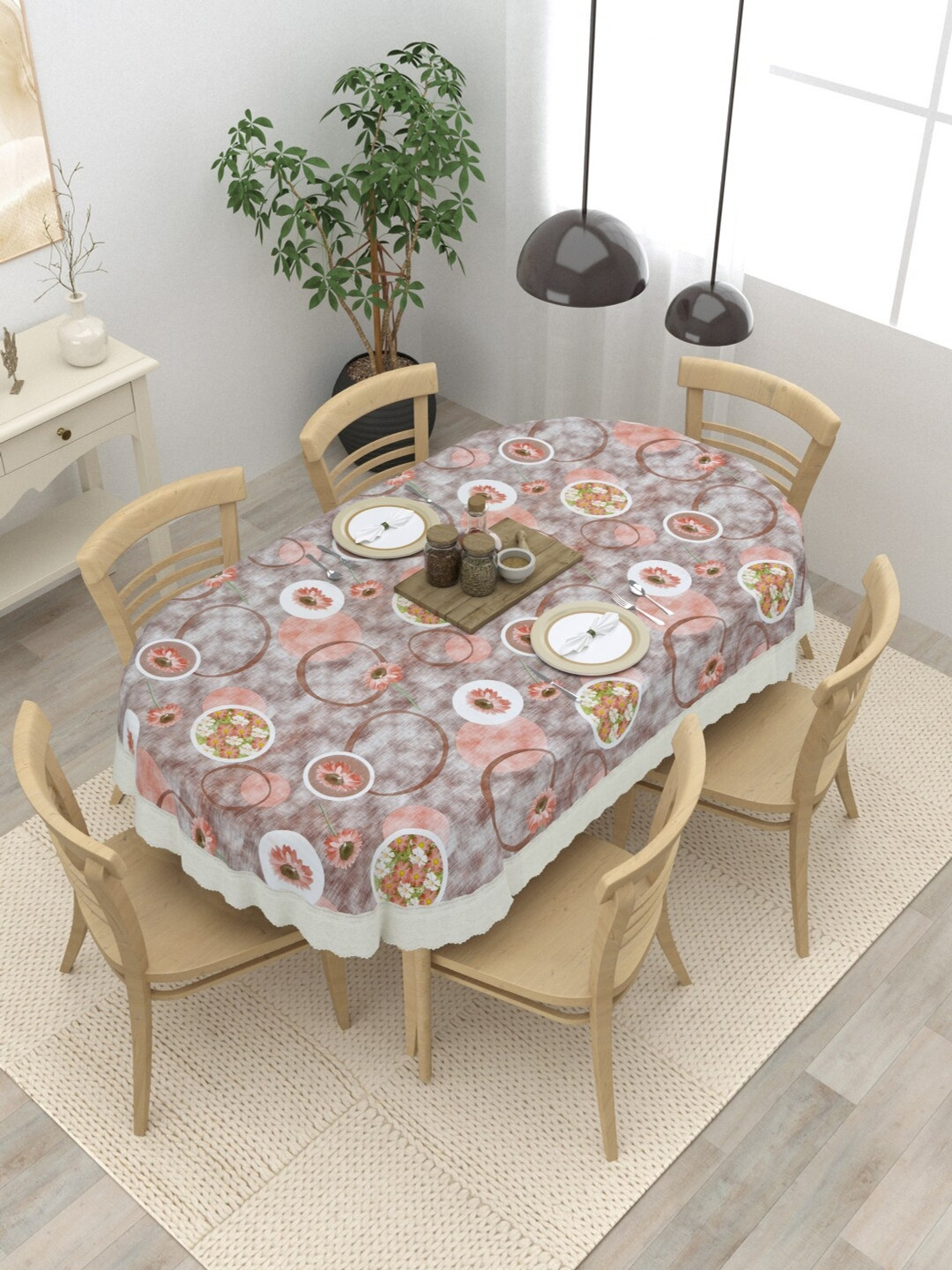 

Clasiko Brown Floral Anti-Skid Oval 6-Seater Table Cover