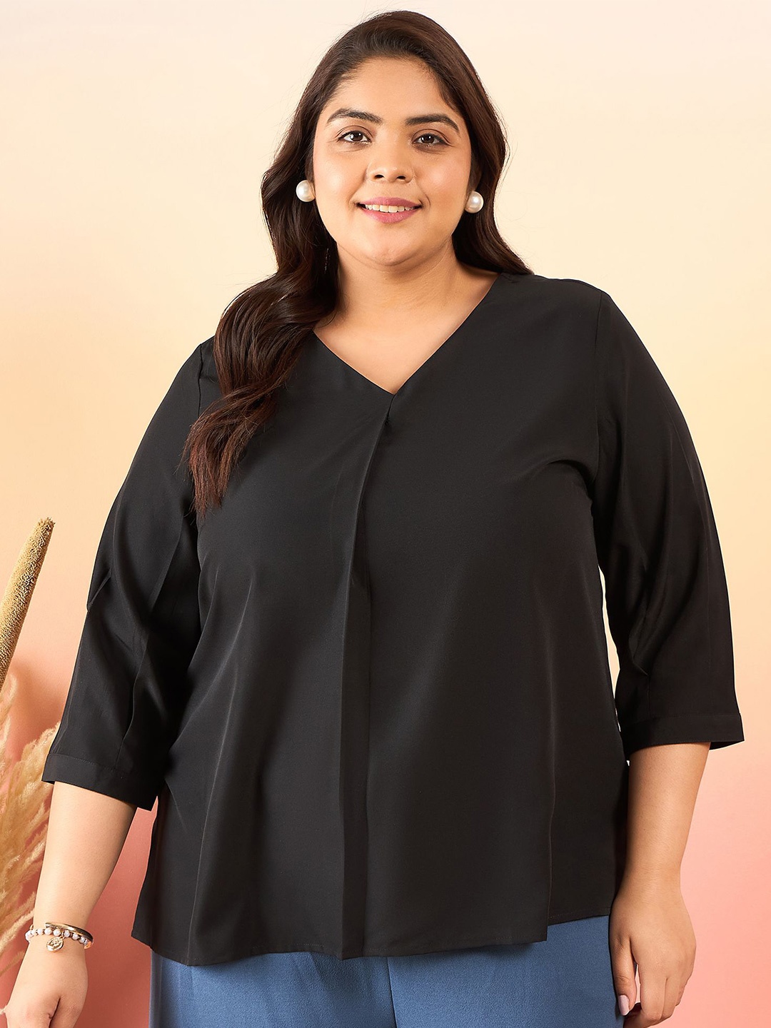 

Sztori Plus Size Cuffed Sleeves Gathered or Pleated Crepe Top, Black