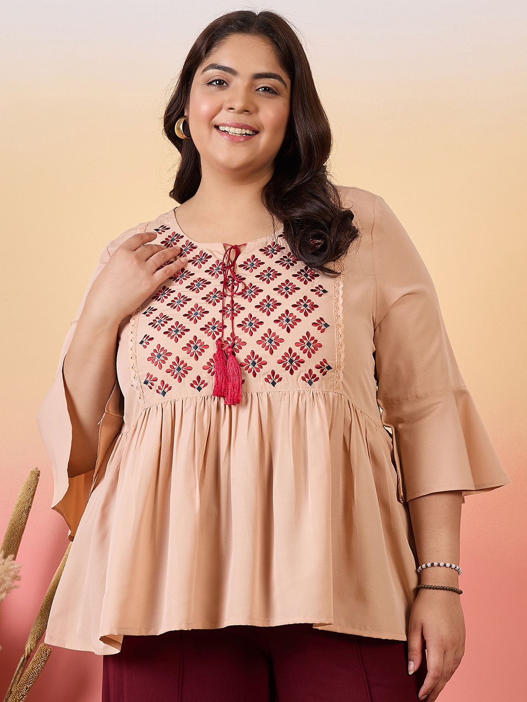 

Sztori Plus Size Geometric Embroidered Tie-Up Neck Bell Sleeves Empire Top, Beige