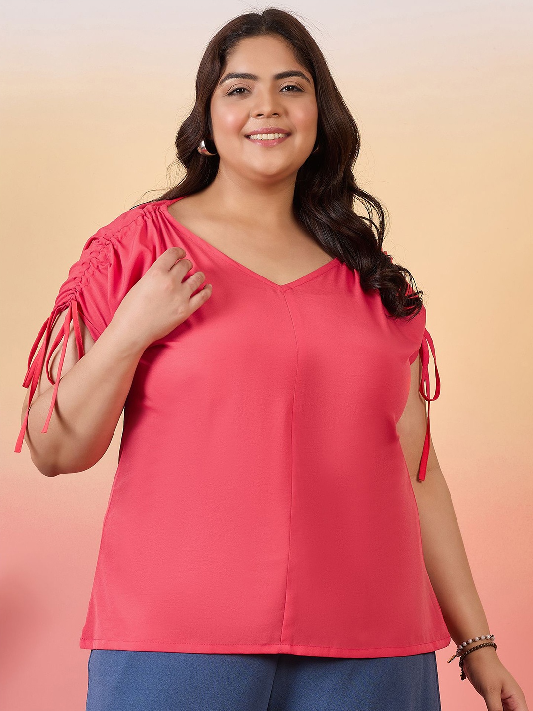 

Sztori Plus Size V-Neck Extended Sleeves Crepe Top, Coral