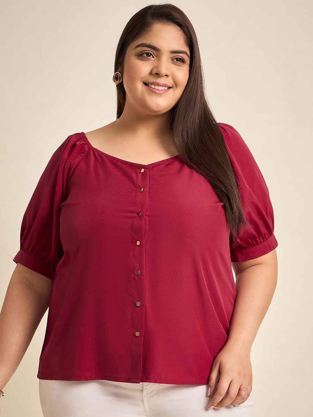 

Sztori Plus Size Shirt Collar Puff Sleeve Crepe Top, Maroon