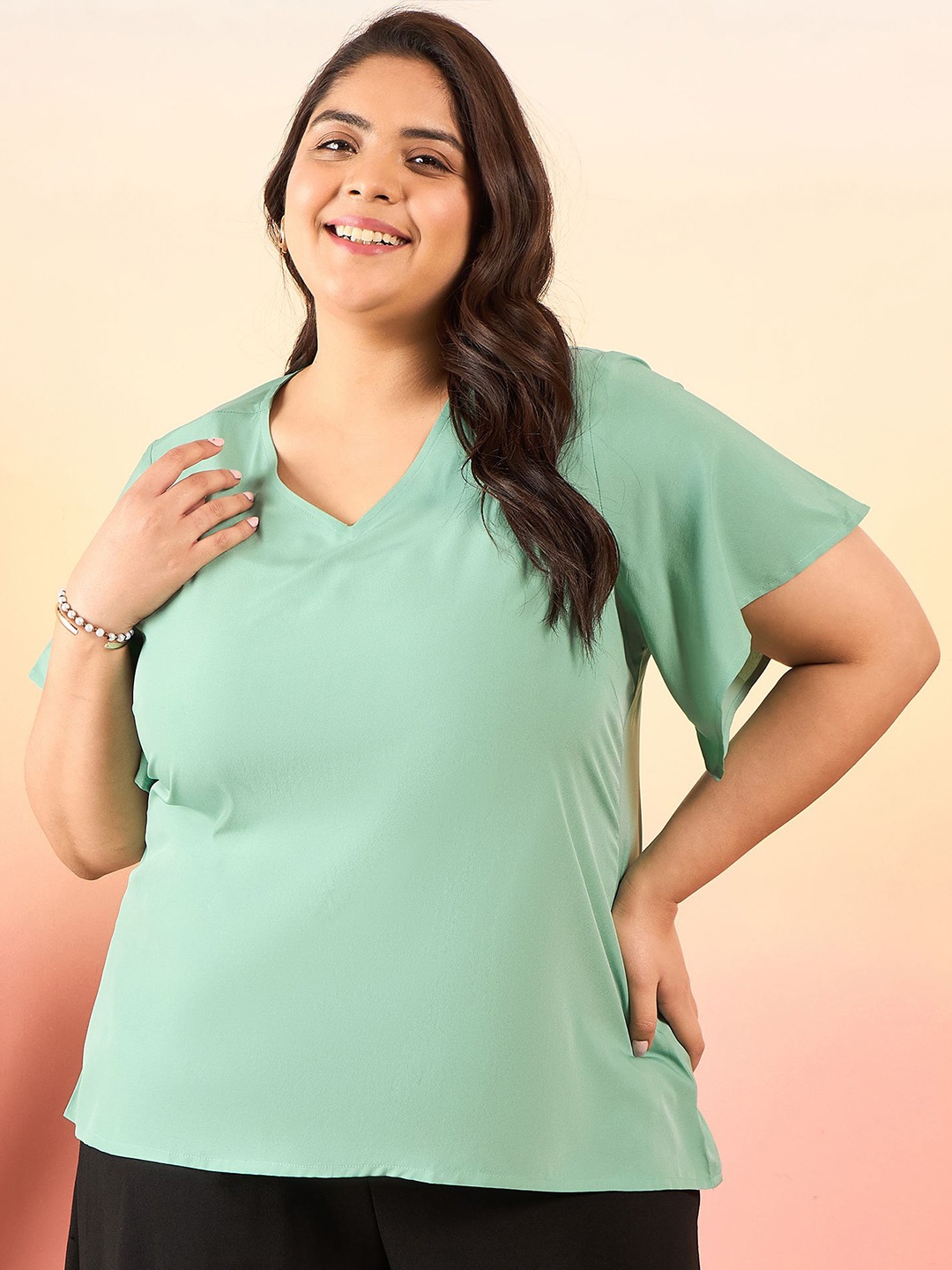 

Sztori Plus Size V-Neck Flutter Sleeve Crepe Top, Green