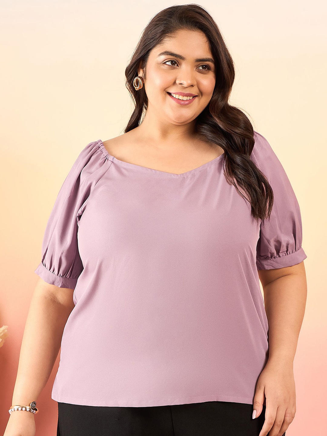 

Sztori Plus Size Sweetheart Neck Puff Sleeve Crepe Top, Purple