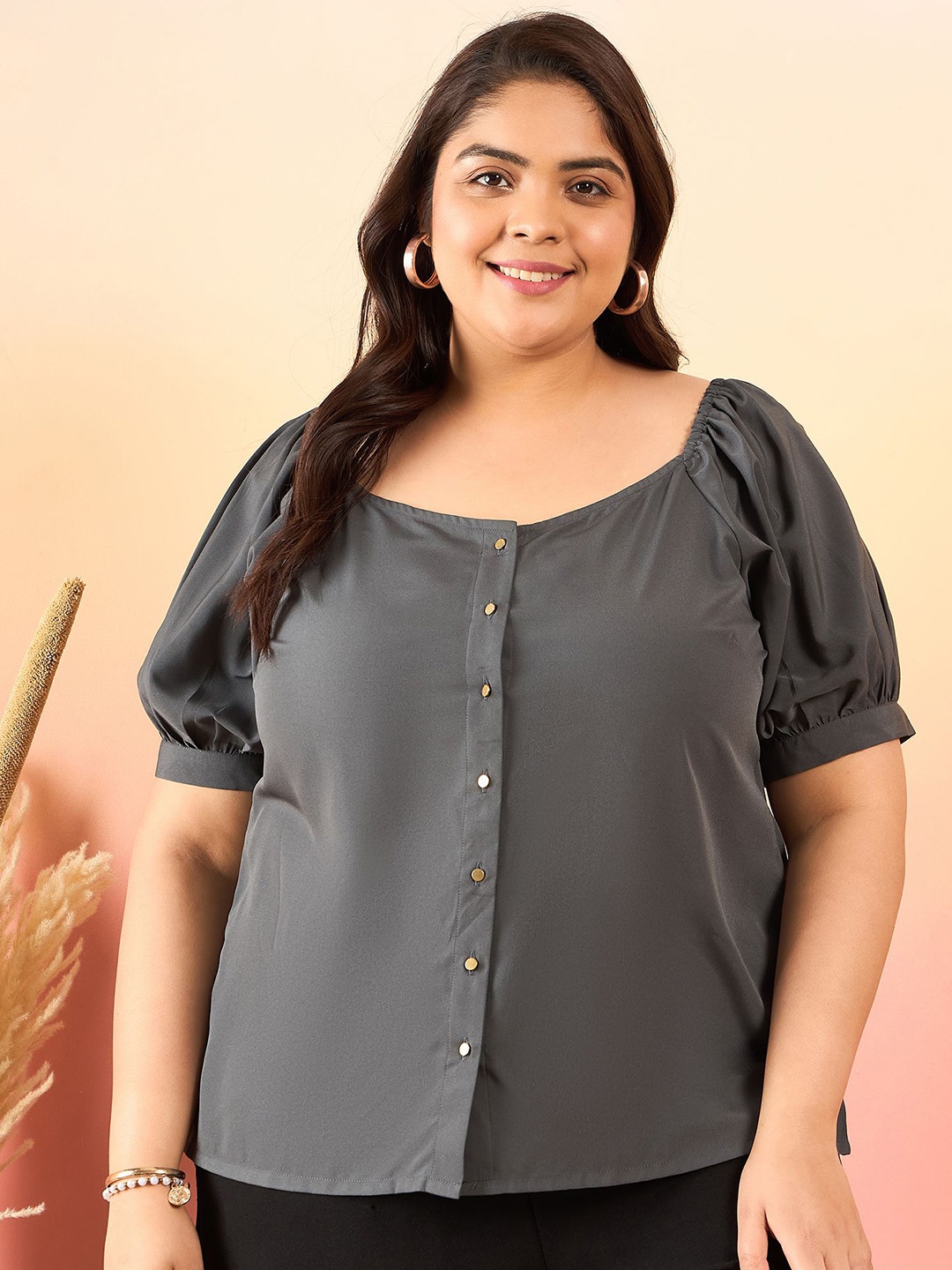 

Sztori Plus Size Square Neck Puff Sleeve Shirt Style Crepe Top, Grey