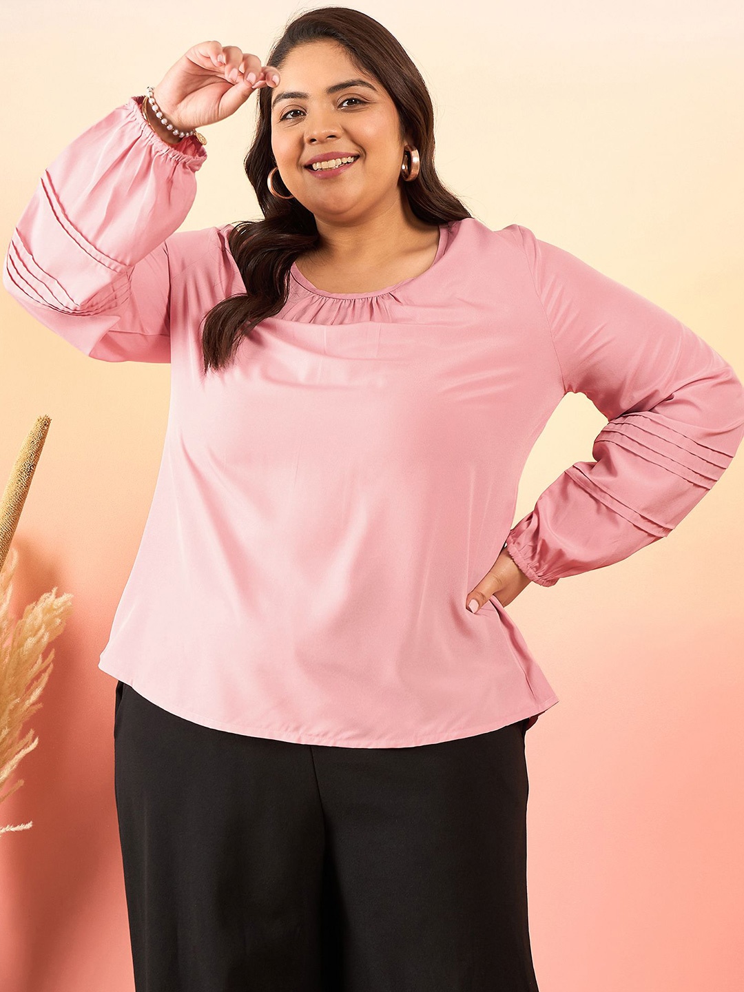 

Sztori Plus Size Round Neck Puff Sleeves Crepe Top, Pink
