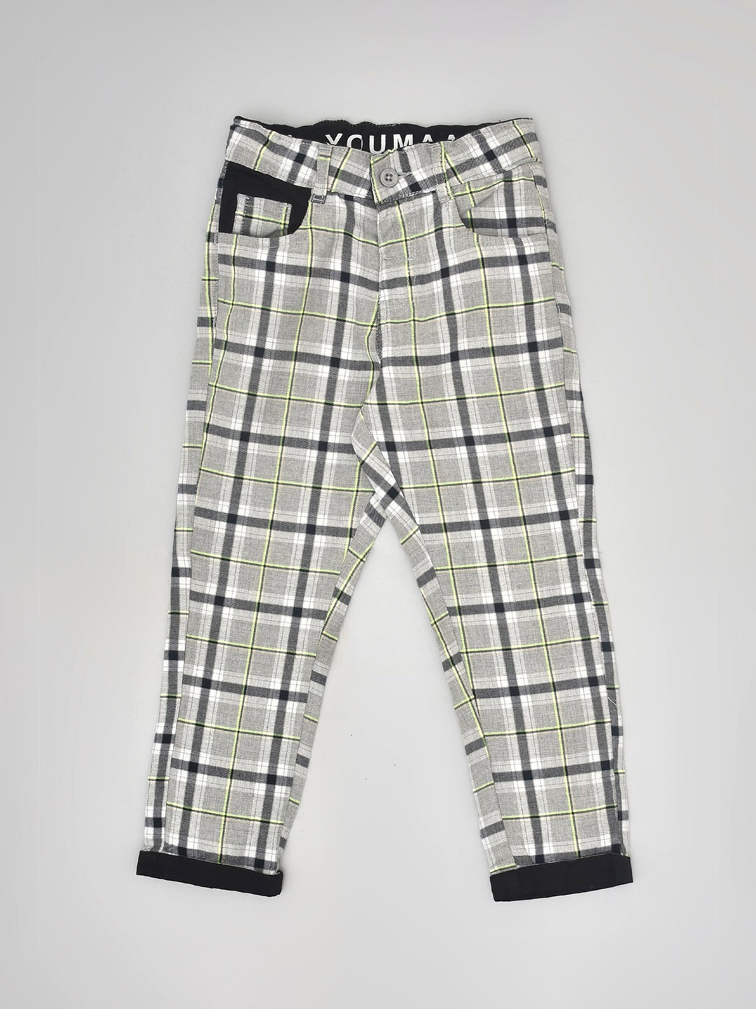 

YOUMAA Boys Straight Fit Checked Mid-Rise Pure Cotton Chinos Trousers, Grey