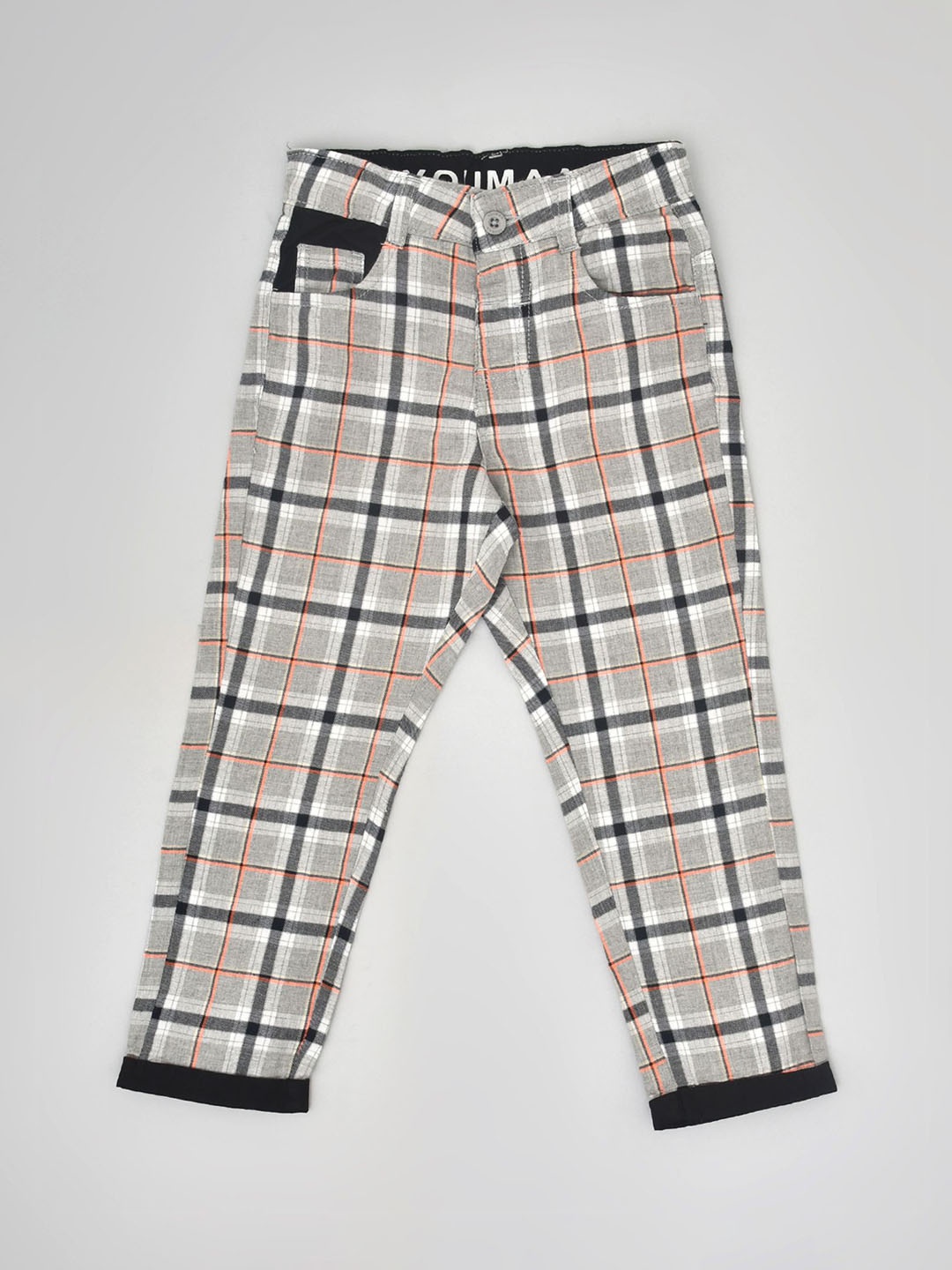 

YOUMAA Boys Straight Fit Checked Mid-Rise Pure Cotton Chinos Trousers, Grey