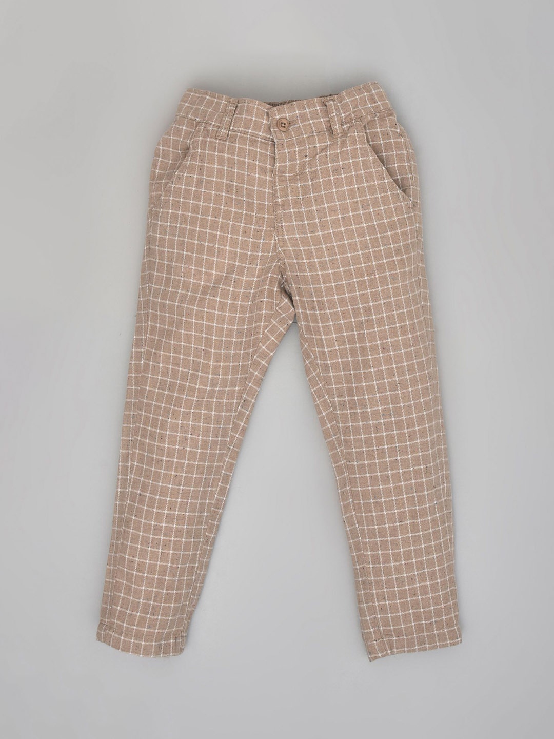 

YOUMAA Boys Straight Fit Checked Mid-Rise Pure Cotton Chinos Trousers, Brown