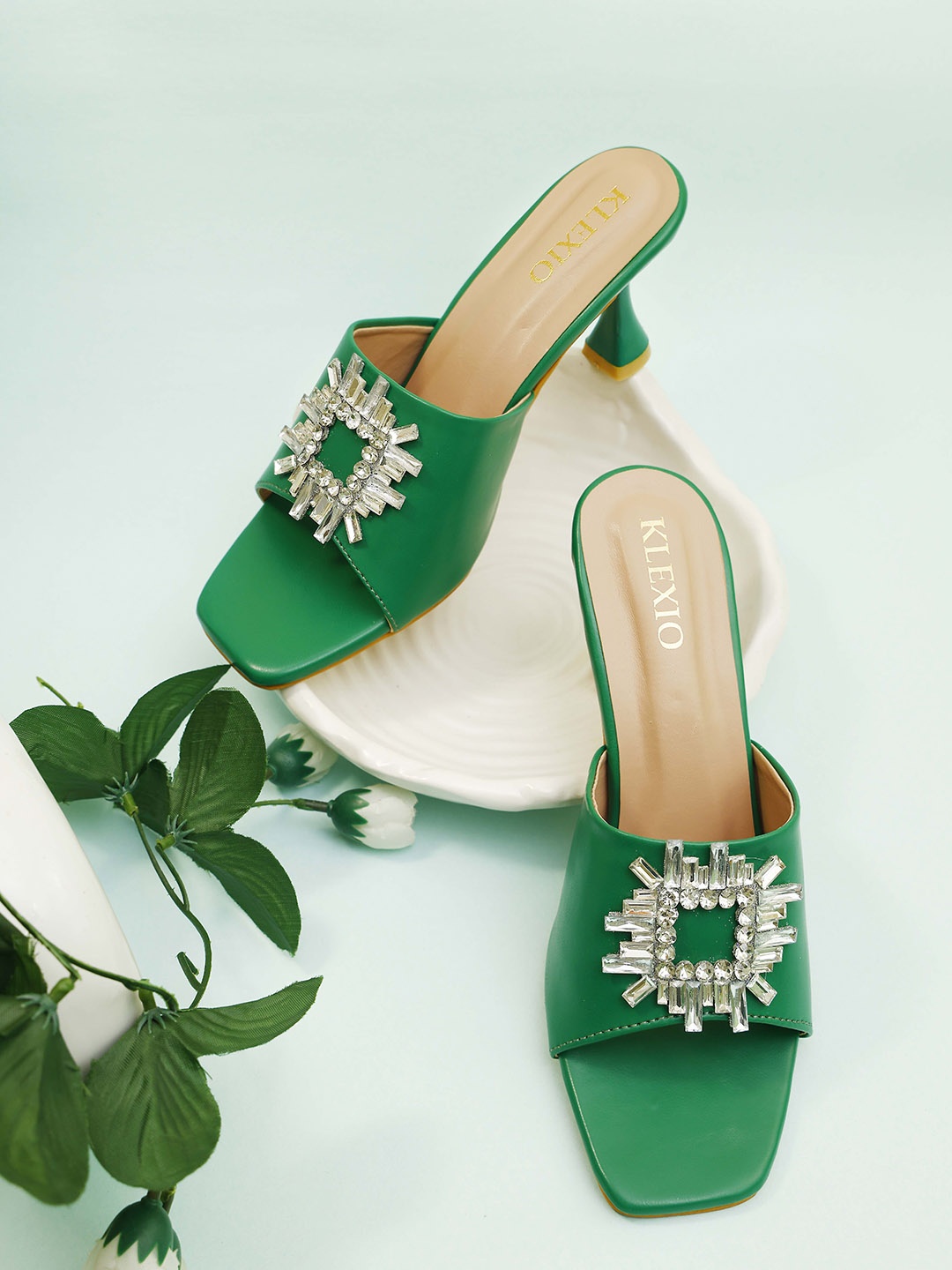 

KLEXIO Embellished Open Toe Kitten Heels, Green