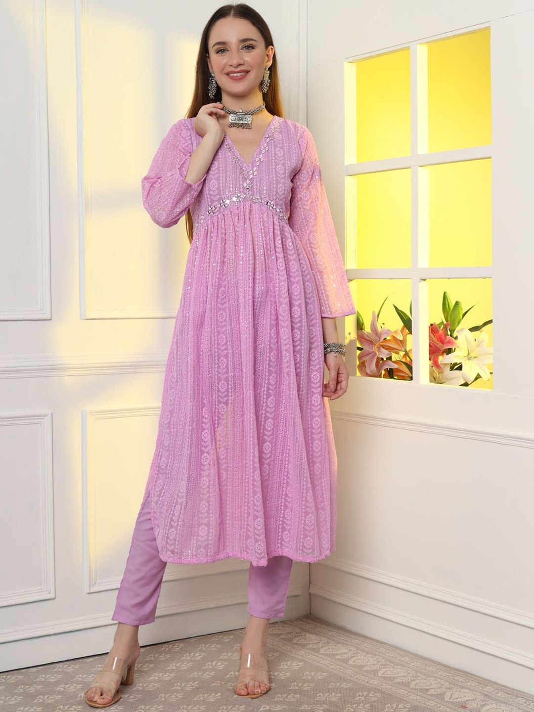 

KALINI Floral Embroidered Empire Mirror Work Lucknowi Chikankari Kurta with Trousers, Lavender