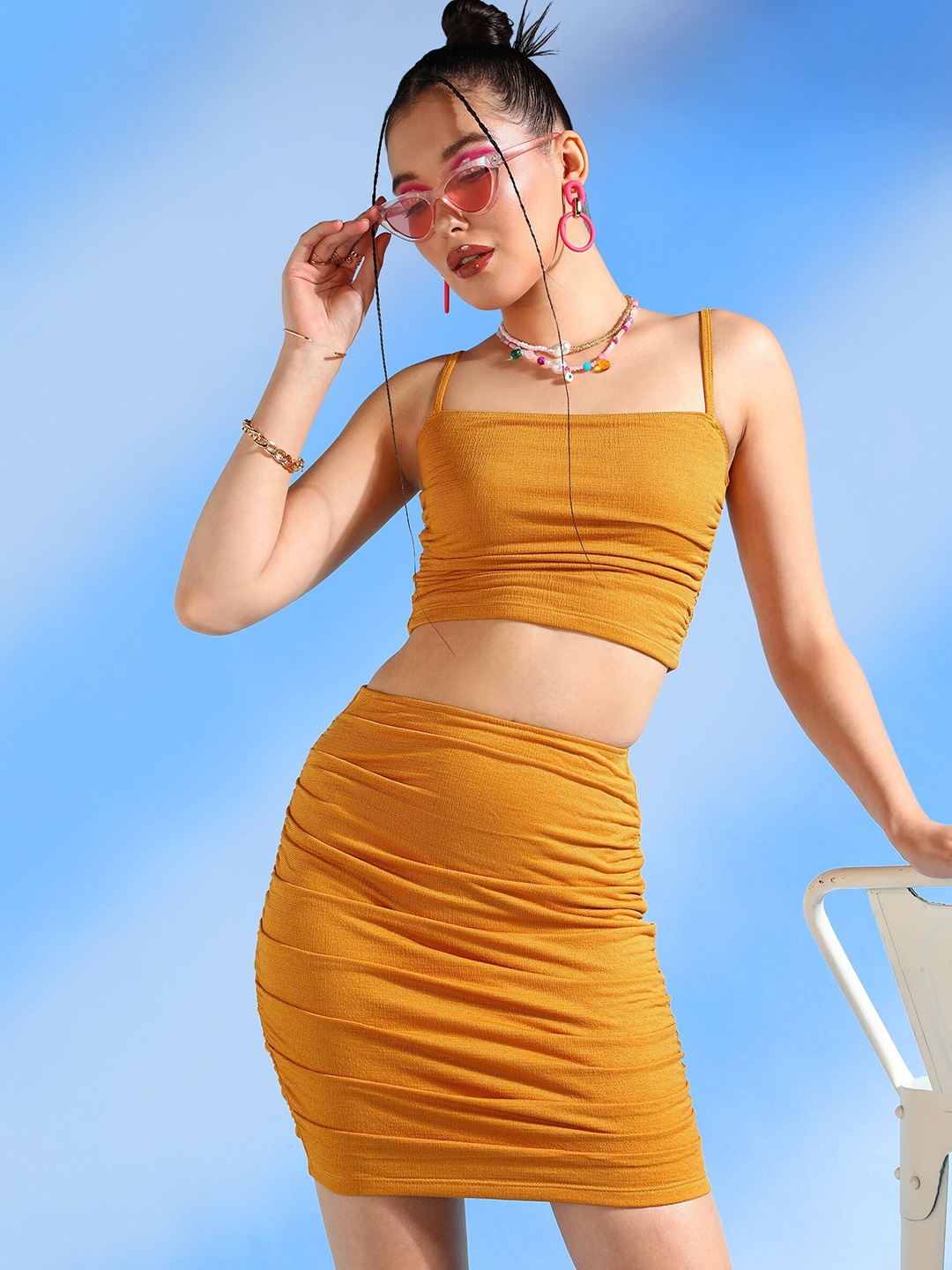 

Veni Vidi Vici Mustard Yellow Shoulder Straps Gathered Ruched Fitted Crop Top