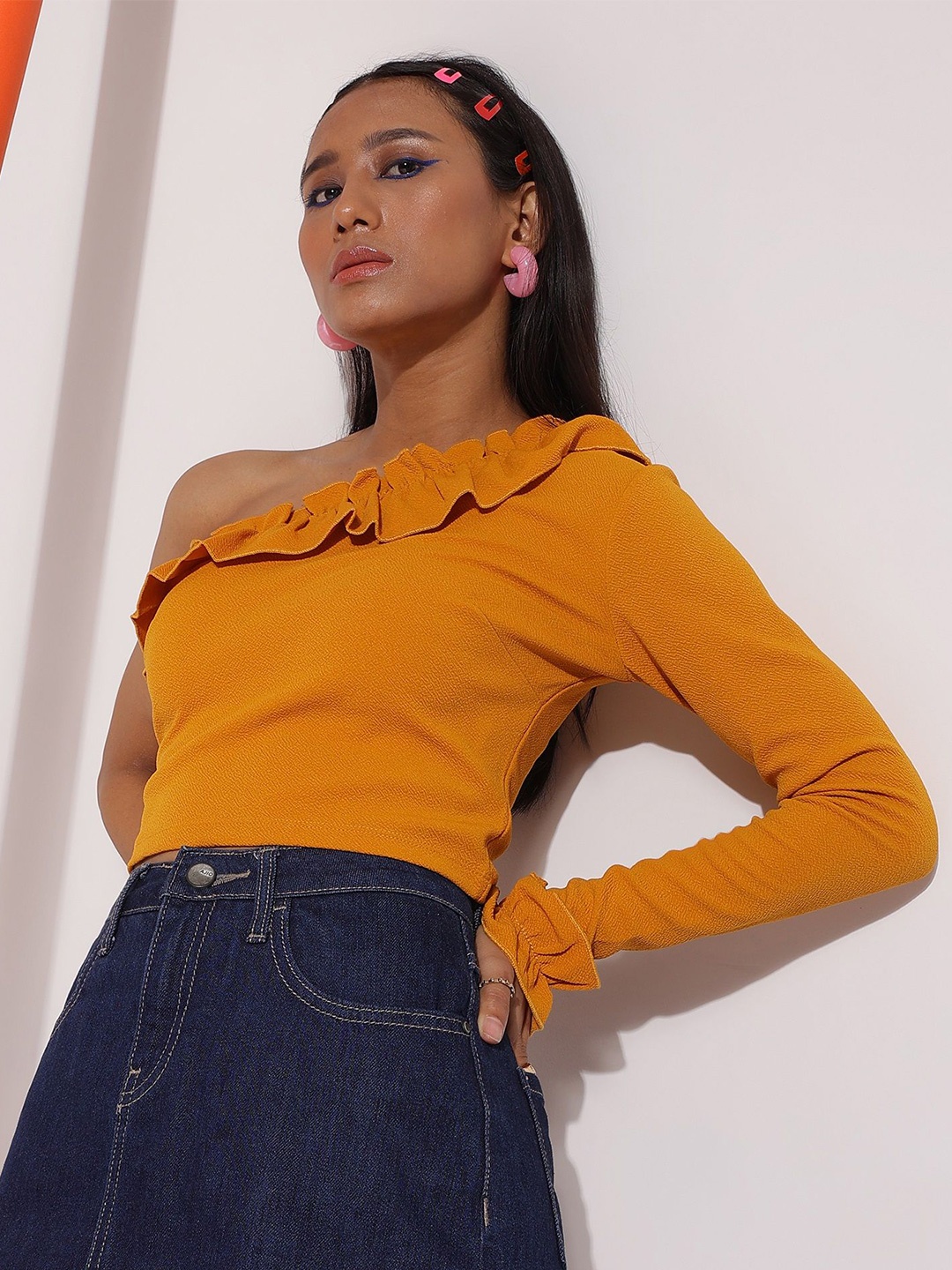 

Veni Vidi Vici Mustard Yellow One Shoulder Long Sleeves Ruffles Crop Top