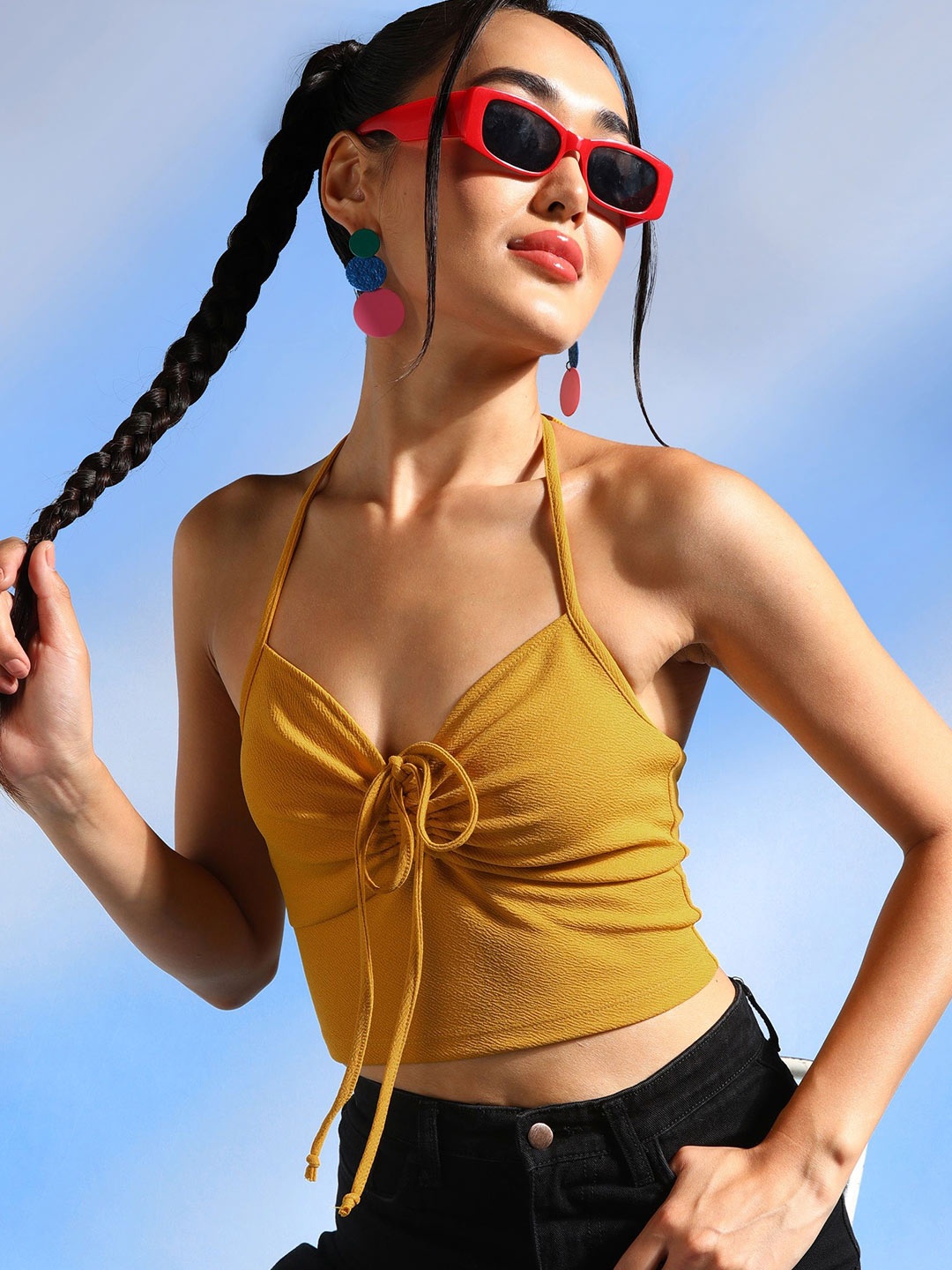 

Veni Vidi Vici Mustard Yellow Halter Neck Tie-Ups Ruched Styled Back Crop Top