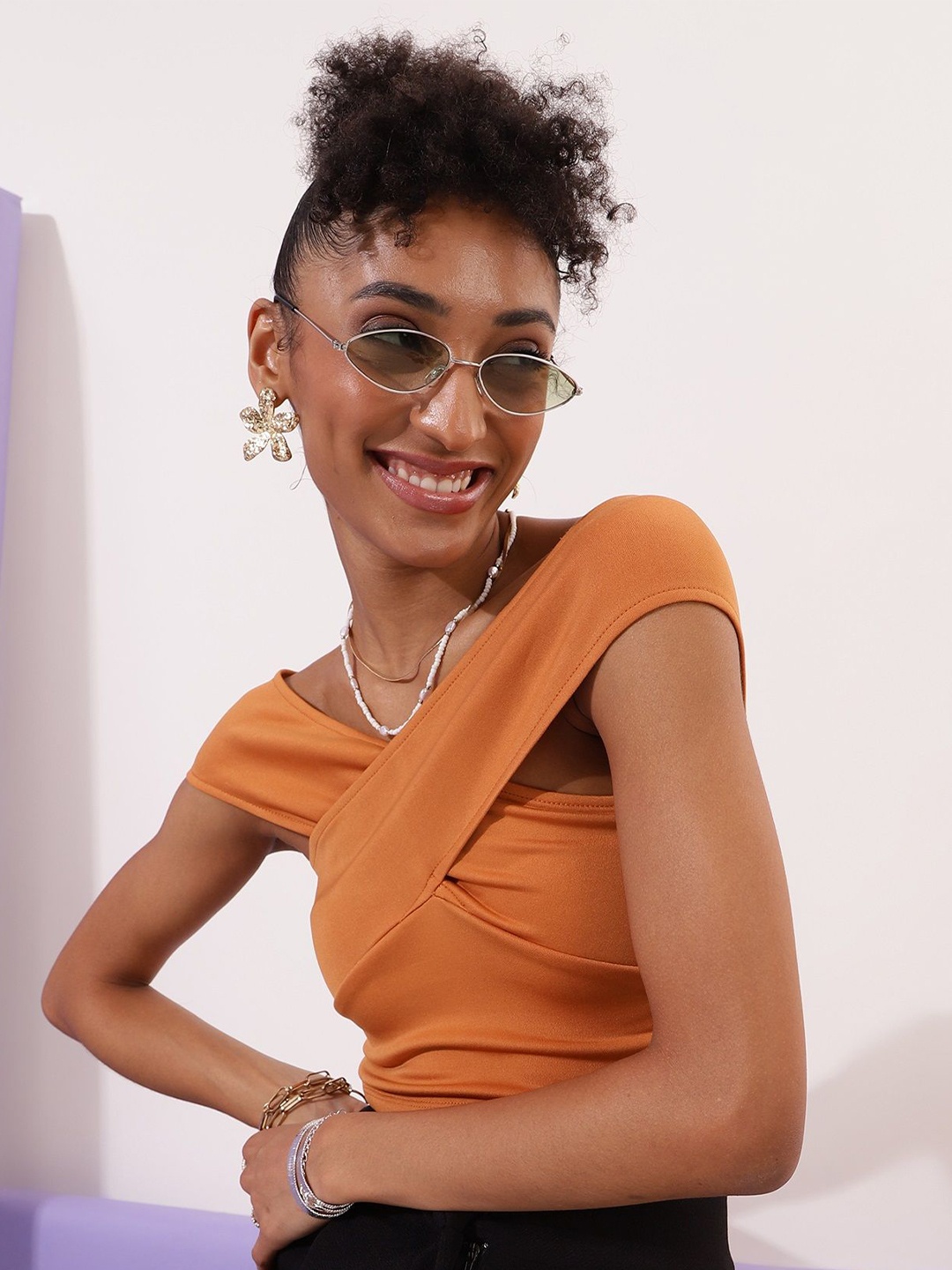 

Veni Vidi Vici Mustard Yellow Off-Shoulder Fitted Crop Top