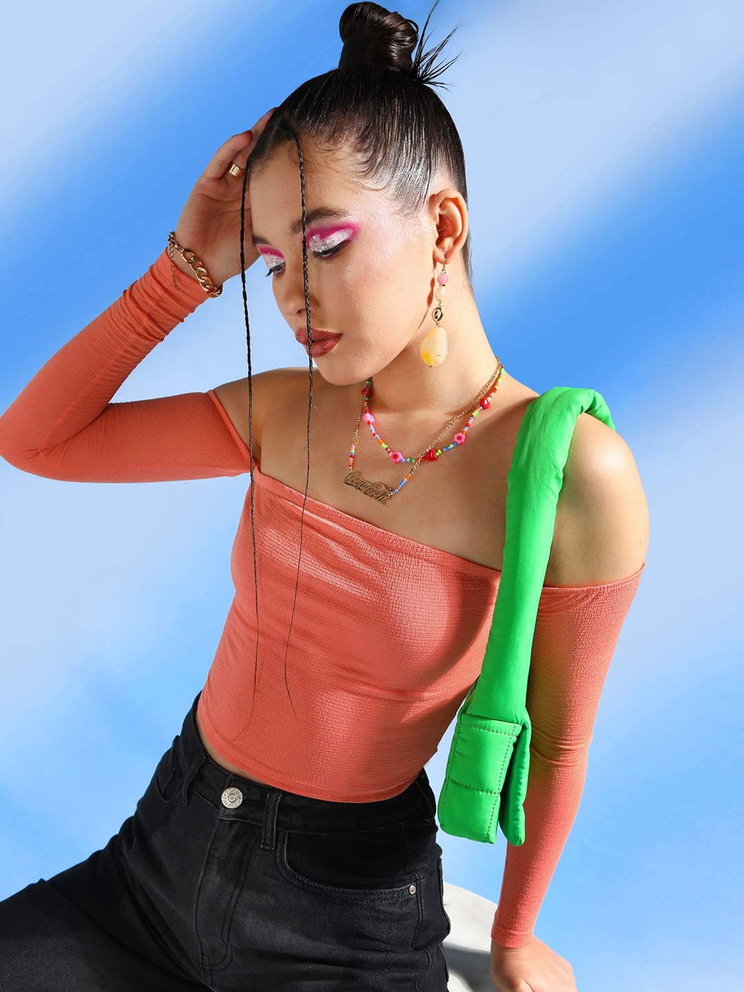 

Veni Vidi Vici Off Shoulder Fitted Crop Top, Peach