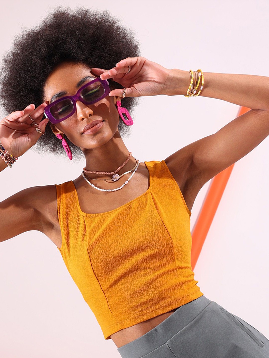 

Veni Vidi Vici Mustard Yellow Square Neck Sleeveless Tank Crop Top
