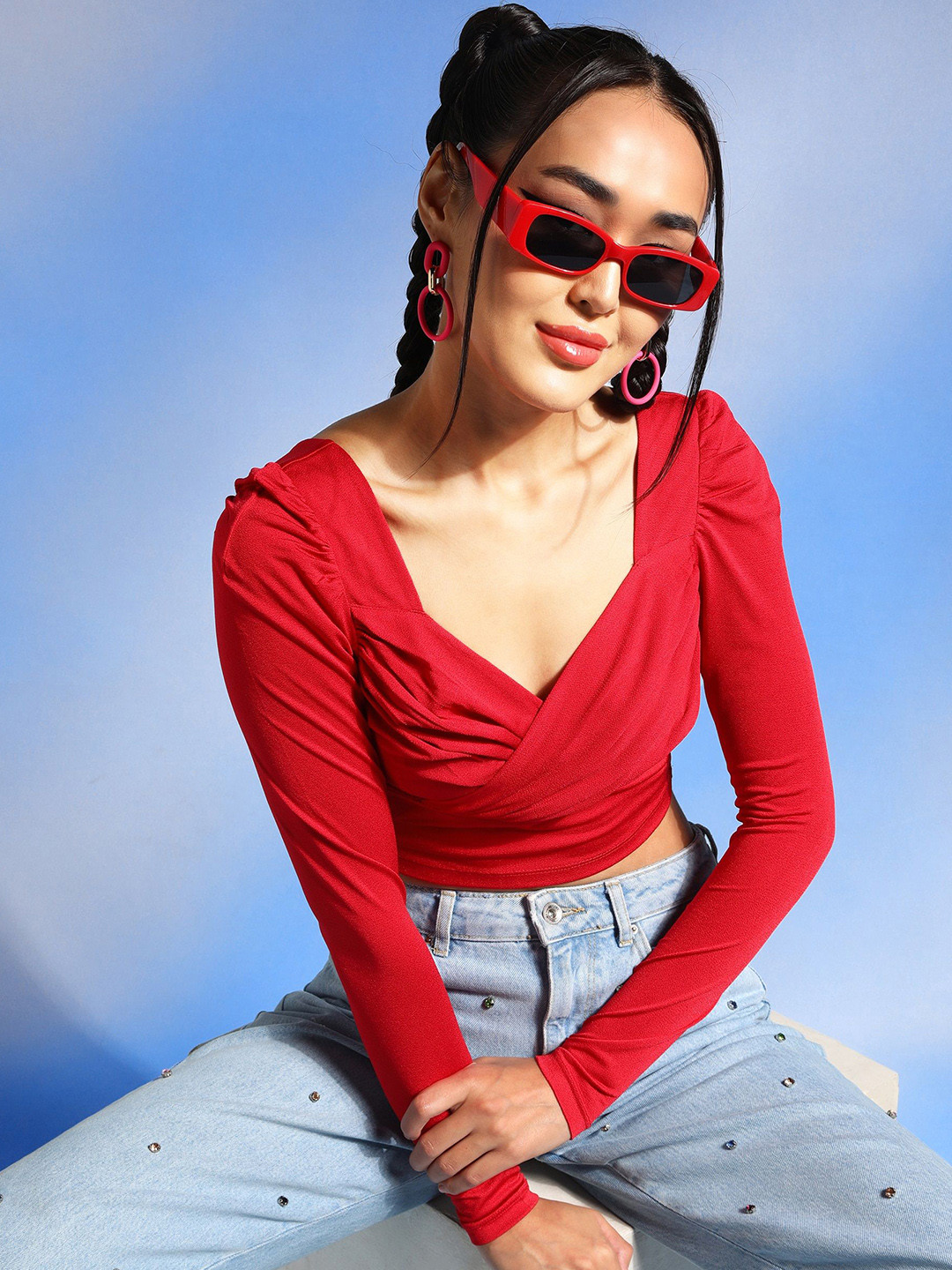 

Veni Vidi Vici Sweetheart Neck Puff Sleeve Crepe Wrap Crop Top, Red