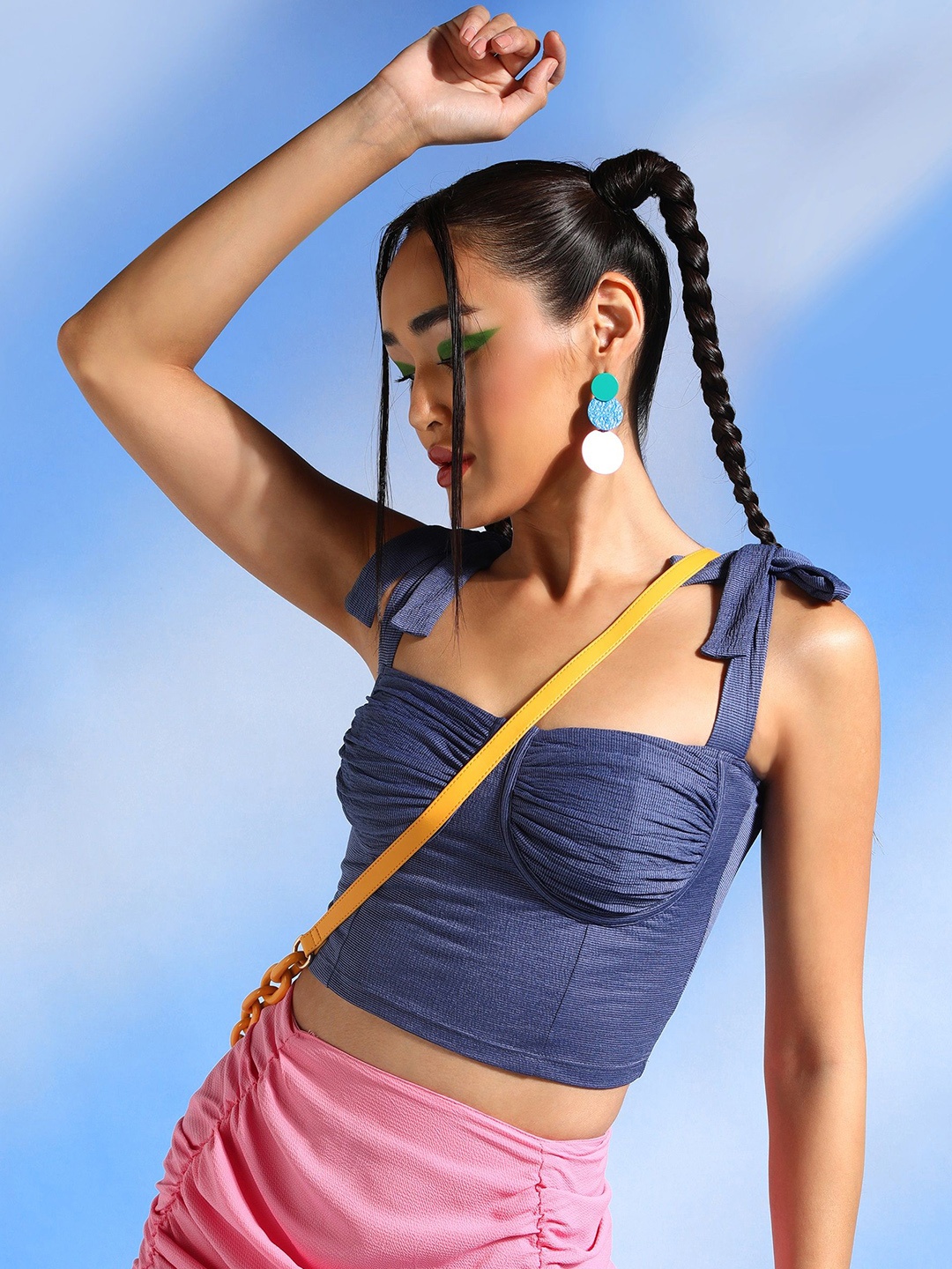 

Veni Vidi Vici Shoulder Straps Sleeveless Crepe Crop Top, Blue