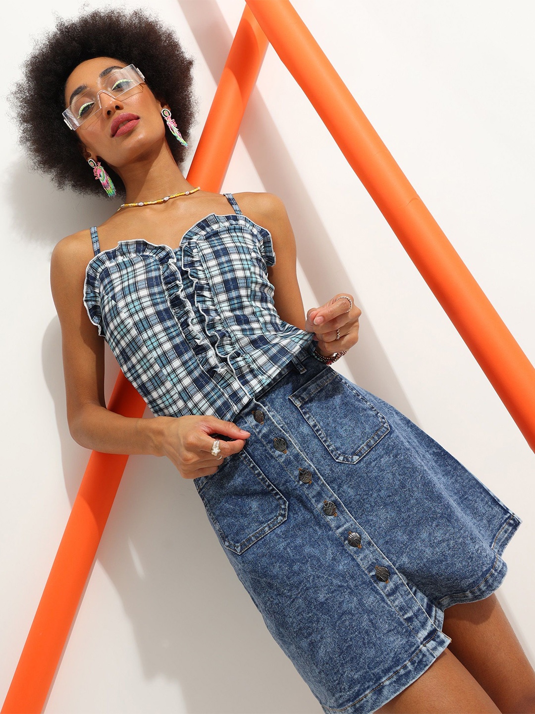 

Veni Vidi Vici White & Blue Checked Frilled Shoulder Straps Top