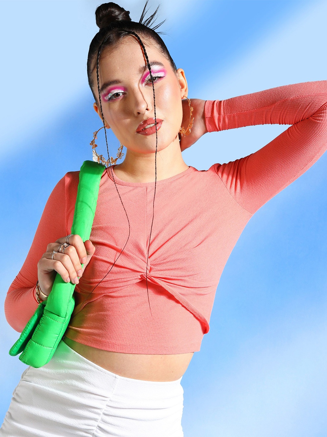 

Veni Vidi Vici Peach Coloured Front Knot Fitted Crop Top