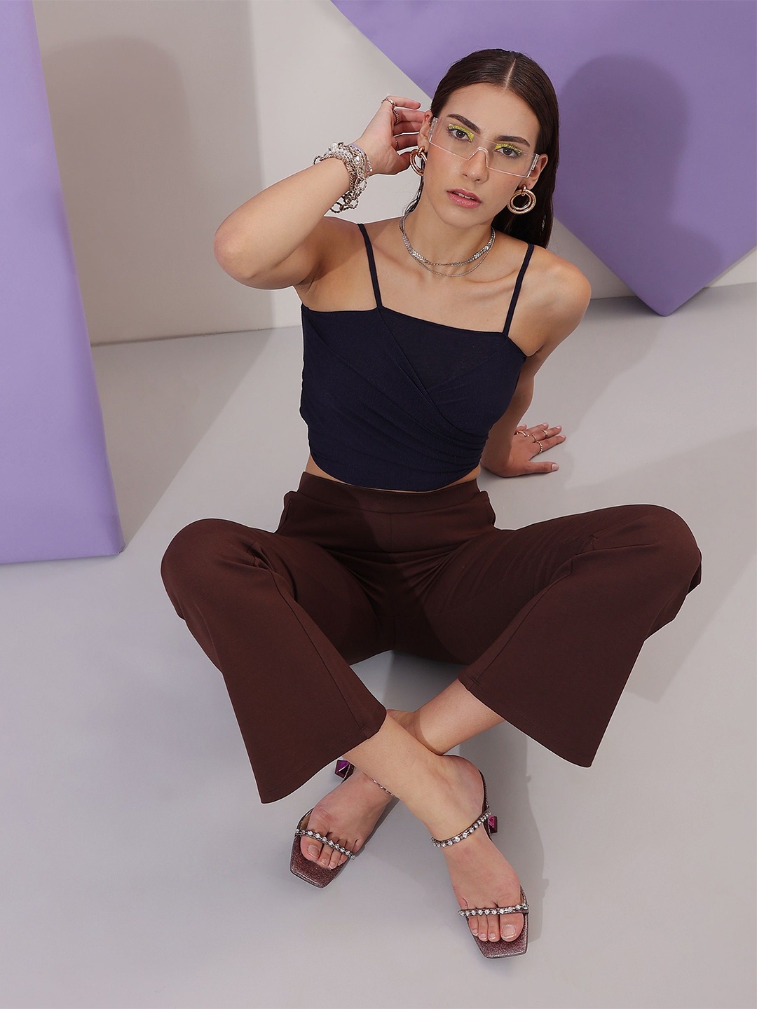 

Veni Vidi Vici Navy Blue Shoulder Straps Gathered Fitted Crop Top