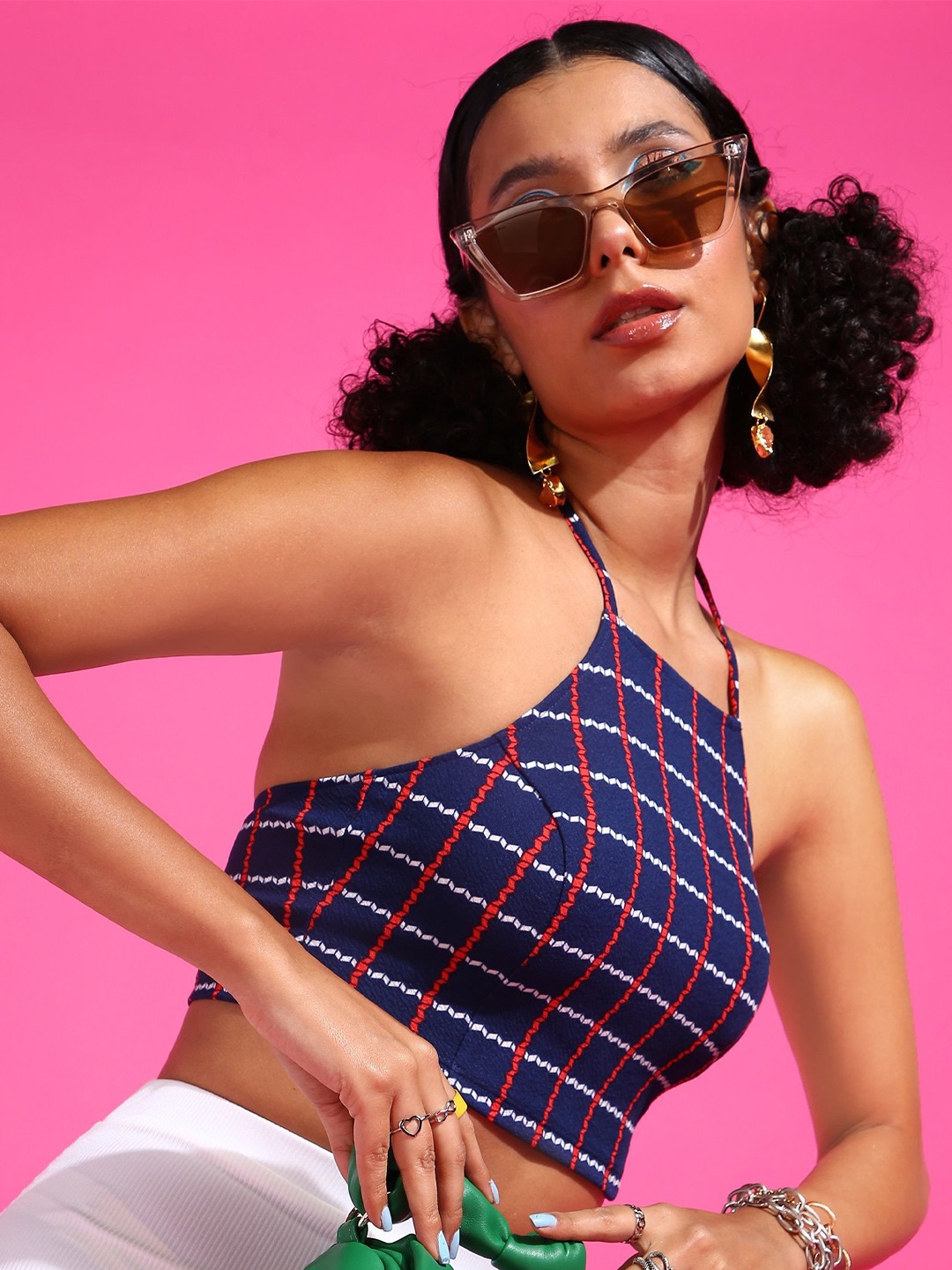 

Veni Vidi Vici Checked Halter Neck Styled Back Top, Navy blue