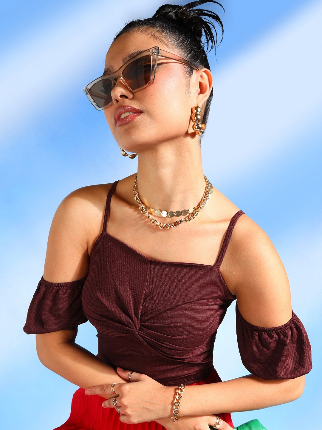 

Veni Vidi Vici Maroon Cold-Shoulder Gathered Fitted Crop Top