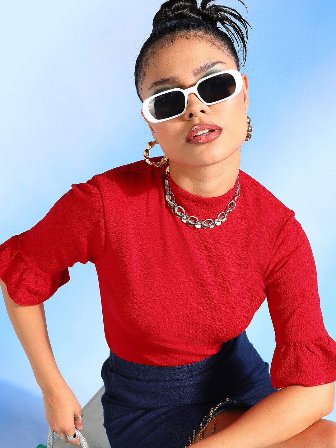 

Veni Vidi Vici High Neck Bell Sleeves Top, Red